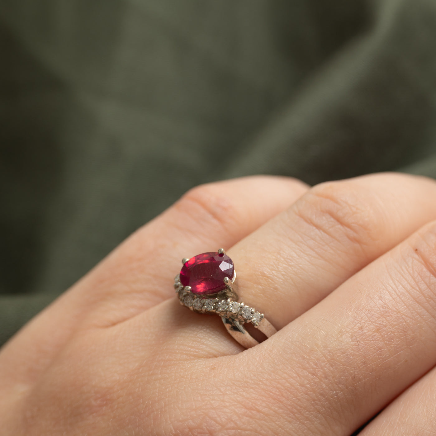 Basket Set Fracture Filled Ruby & Diamond Cross Over Ring | 2.25ct, 0.15ctw | SZ 5