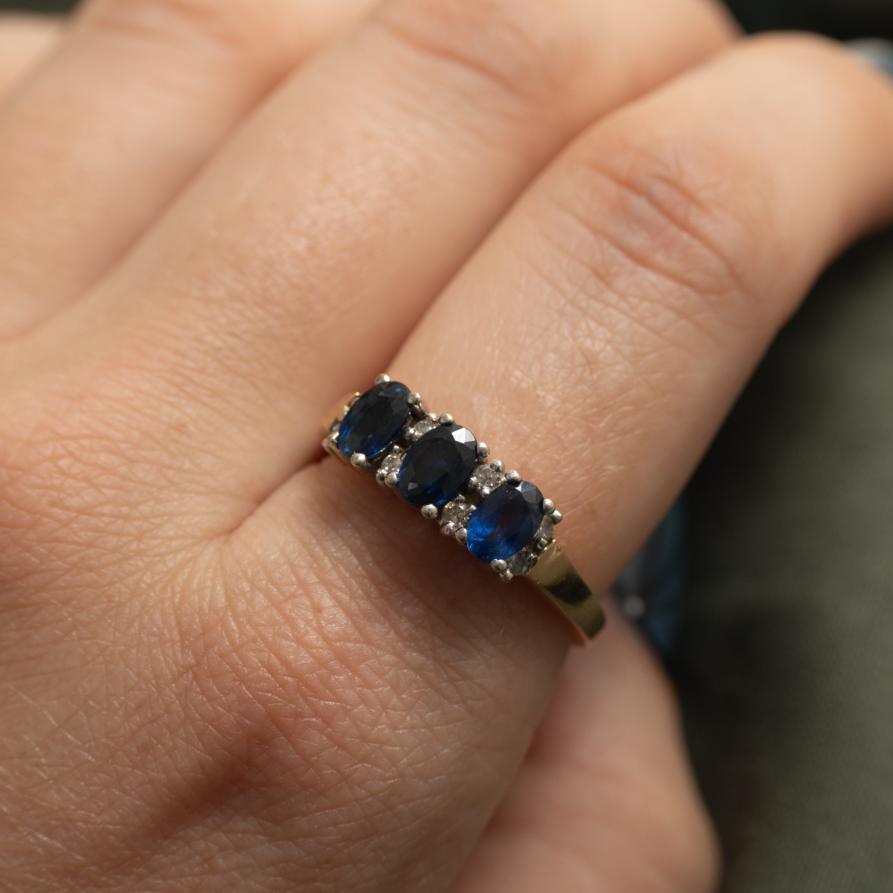 Three Stone Sapphire & Diamond Ring | 1.18ctw, 0.12ctw | SZ 9.25