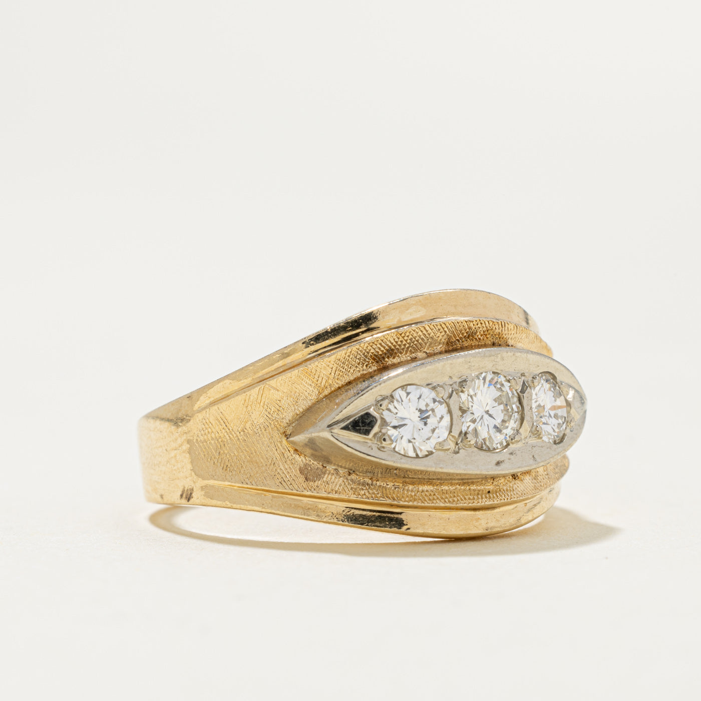 14k Three Stone Diamond Textured Marquise Shaped Ring | 0.44ctw | SZ 8.5