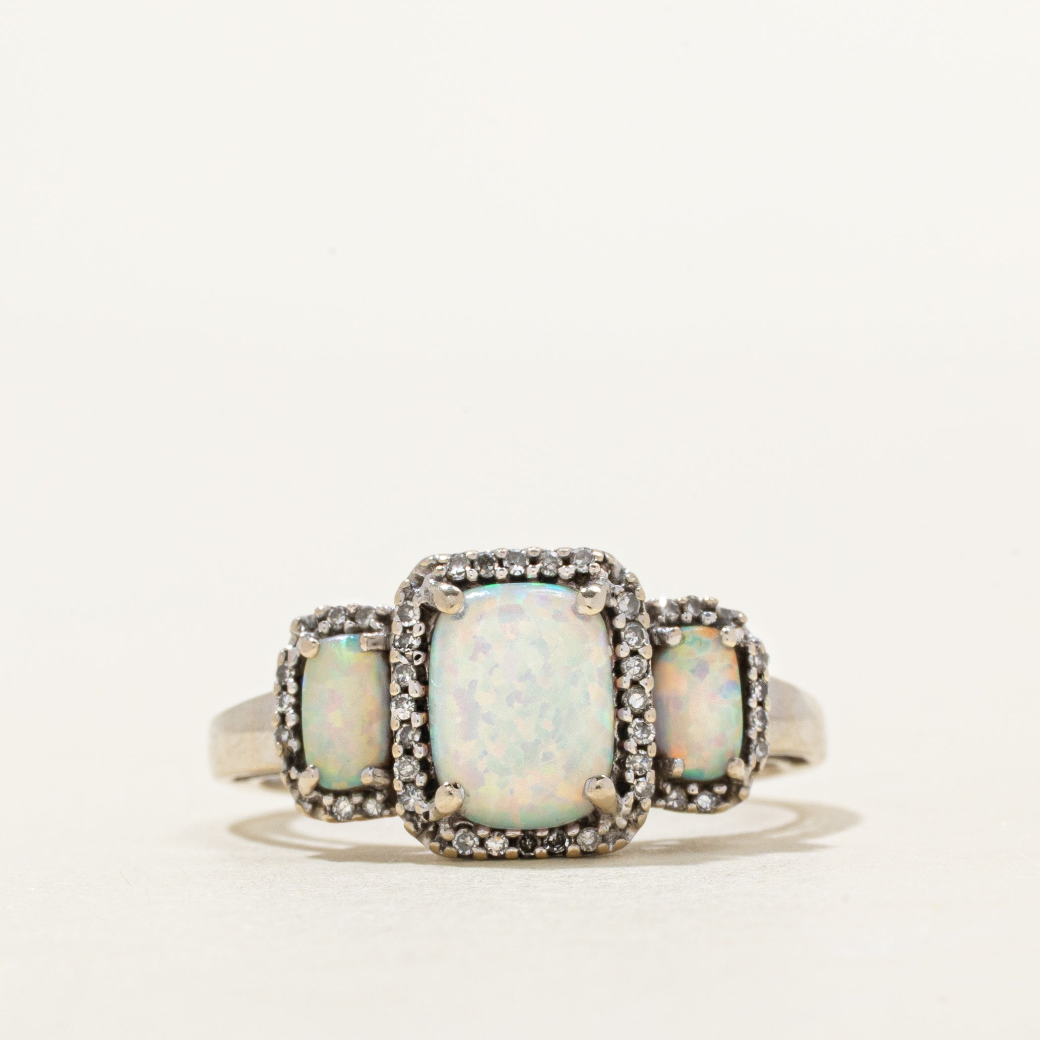 White Gold Three Stone Opal & Diamond Halo Ring | 0.83ctw, 0.04ctw | SZ 7.25