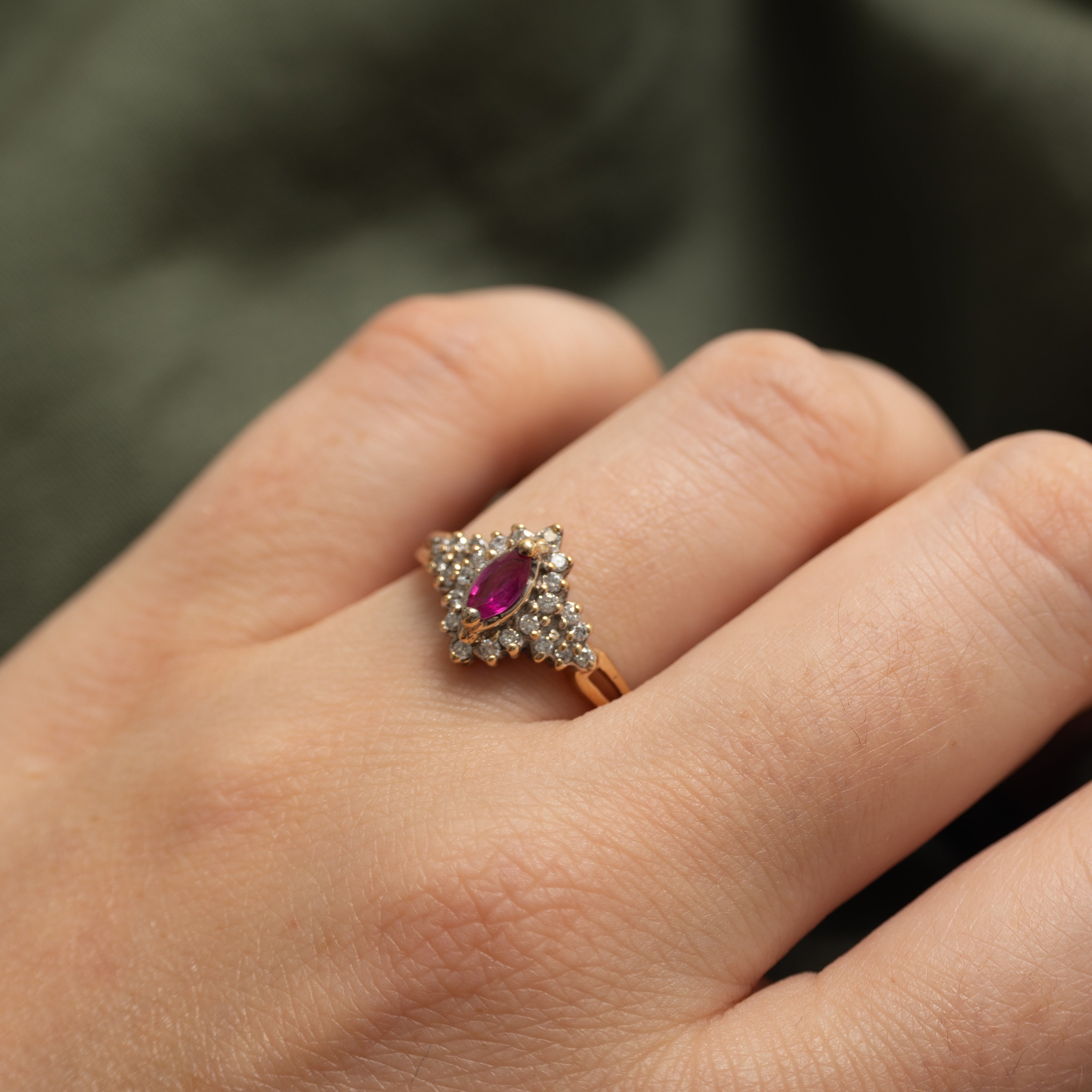 Marquise Cut Synthetic Ruby & Natural Diamond Cluster Ring | 0.22ct, 0.20ctw | SZ 6.5