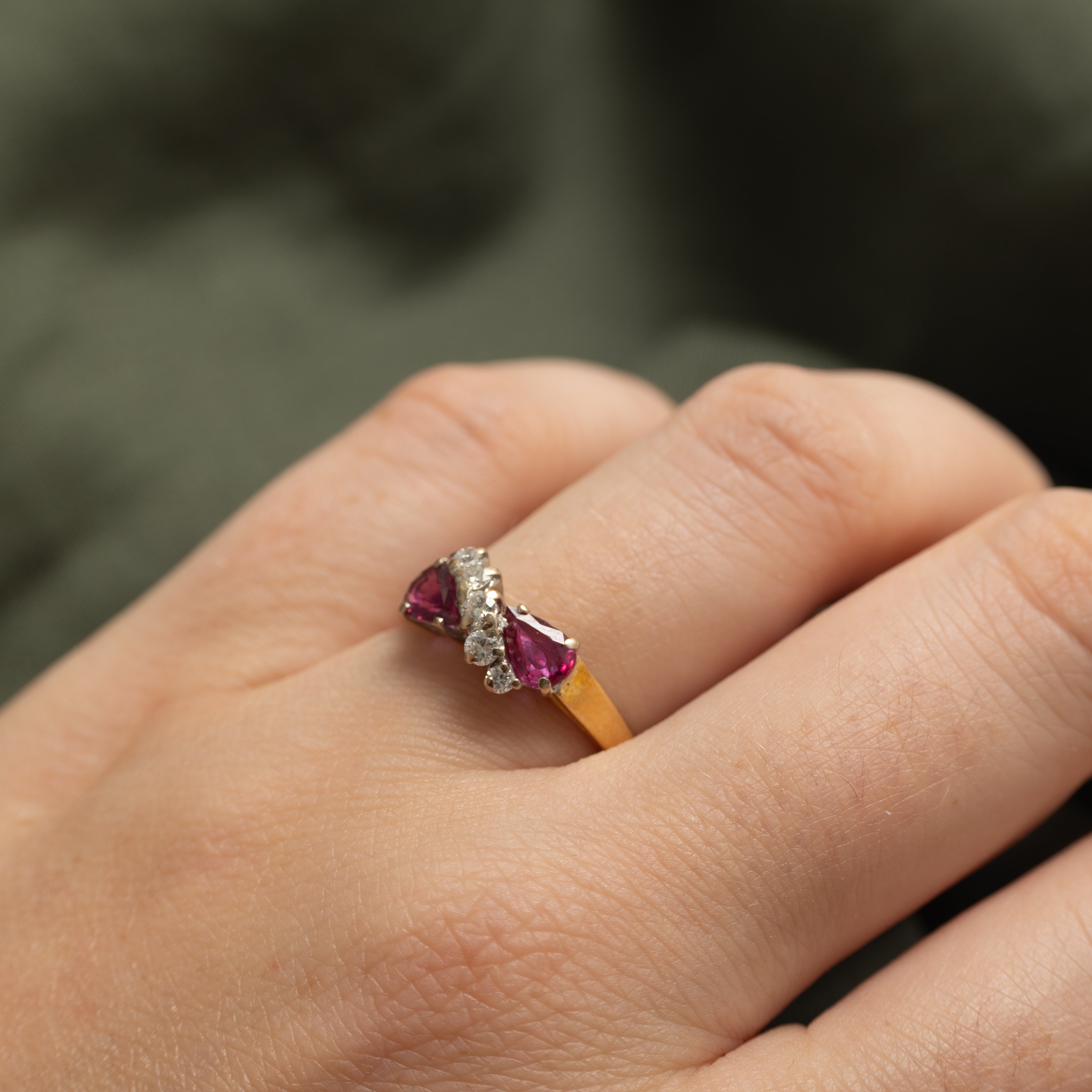 18k Pear Cut Ruby & Diamond Waterfall Ring | 0.80ctw, 0.18ctw | SZ 6.75