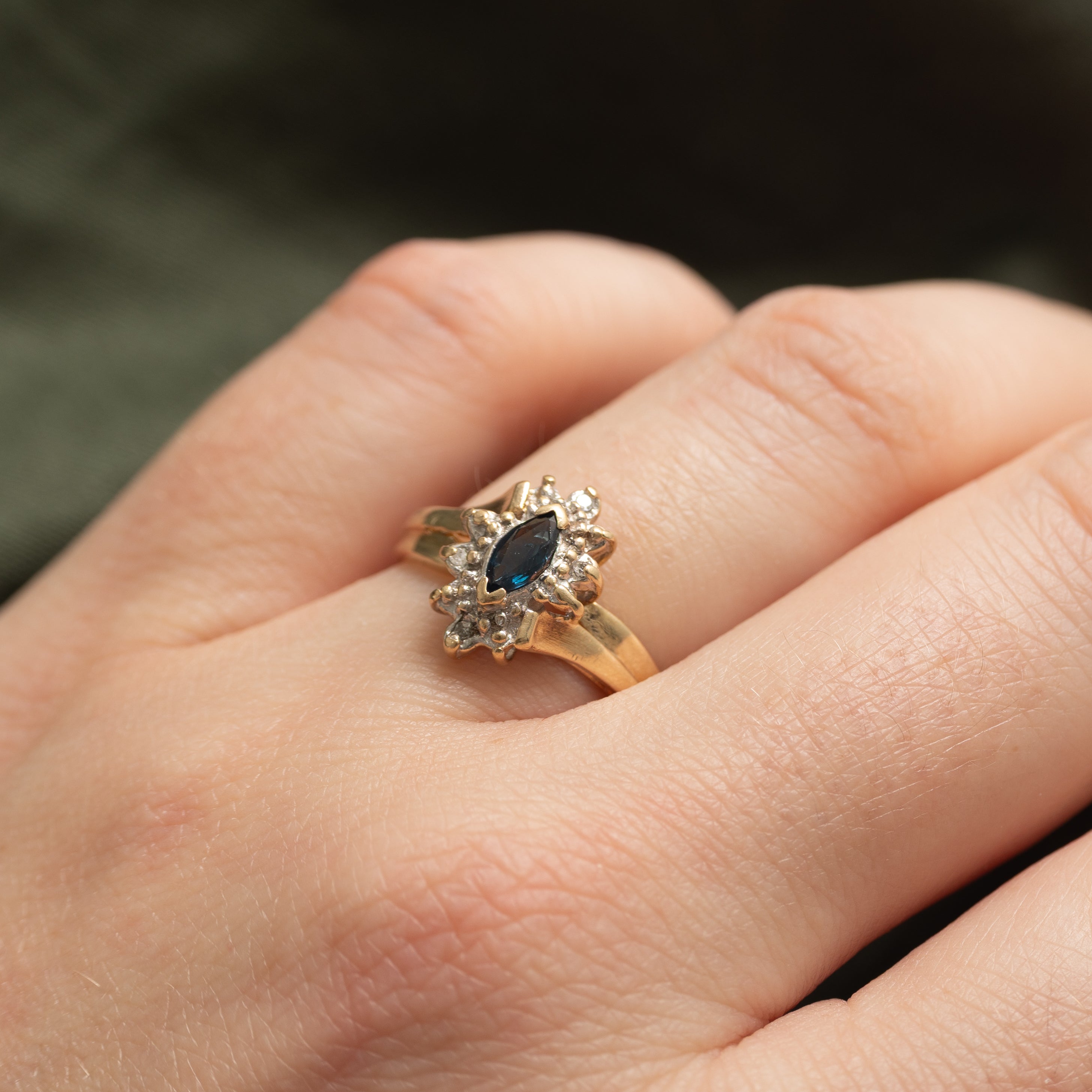 Marquise Cut Sapphire & Diamond Petal Ring | 0.14ct, 0.02ctw | SZ 6.0 |