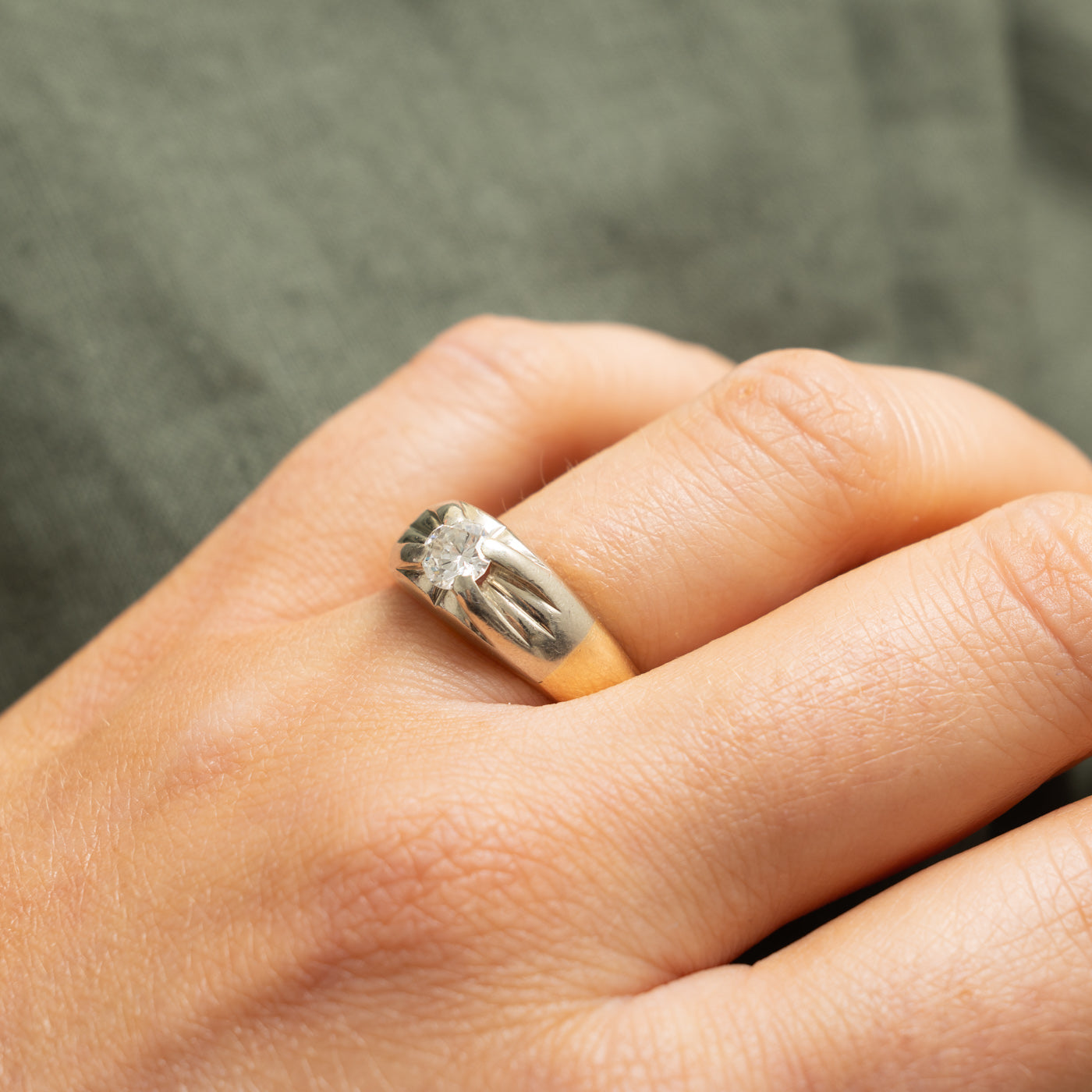 14k Two Tone Solitaire Diamond Engraved Star Dome Ring | 0.48ct I1 K | SZ 8.75