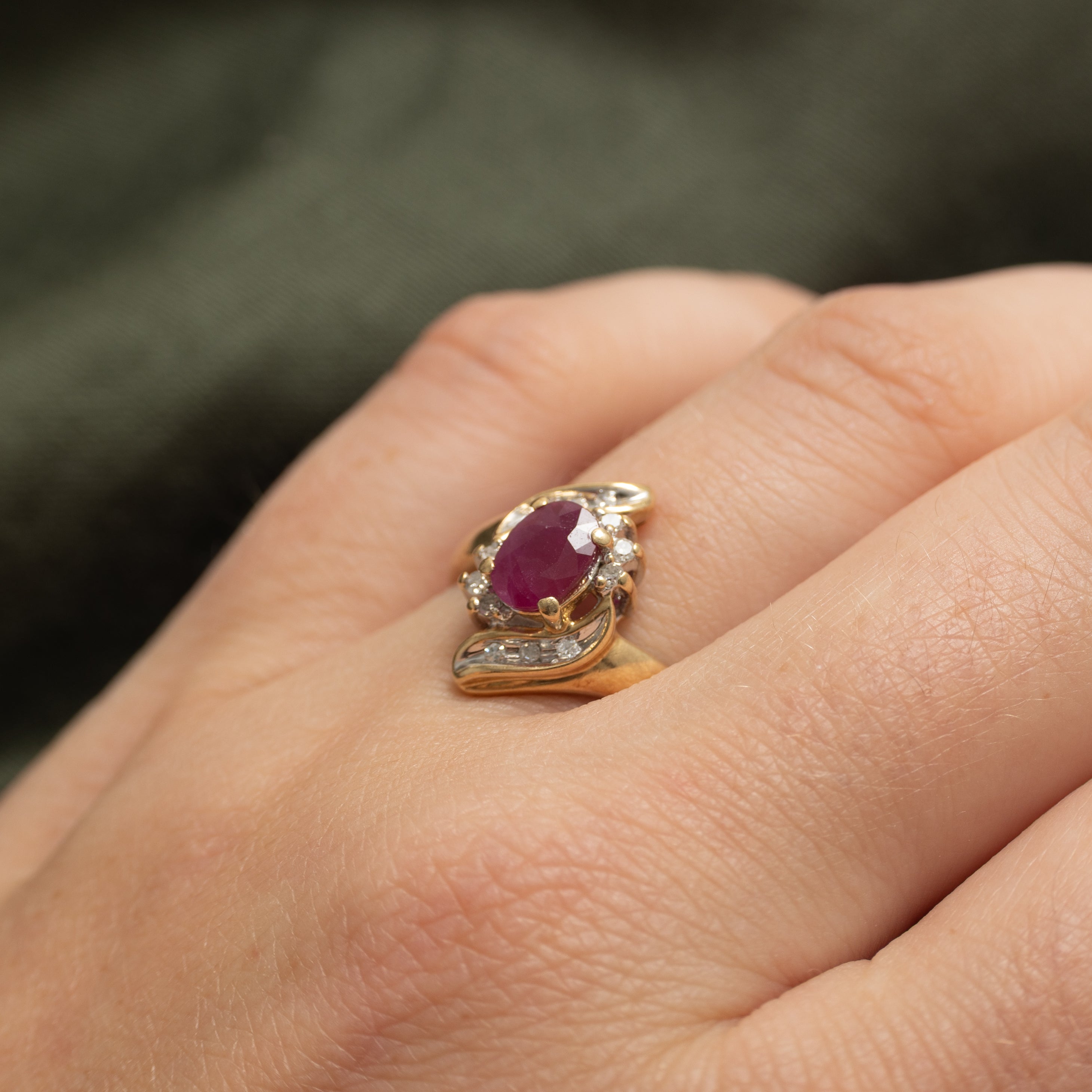 Ruby & Diamond Swirl Bypass Ring | 1.00ct, 0.10ctw | SZ 7