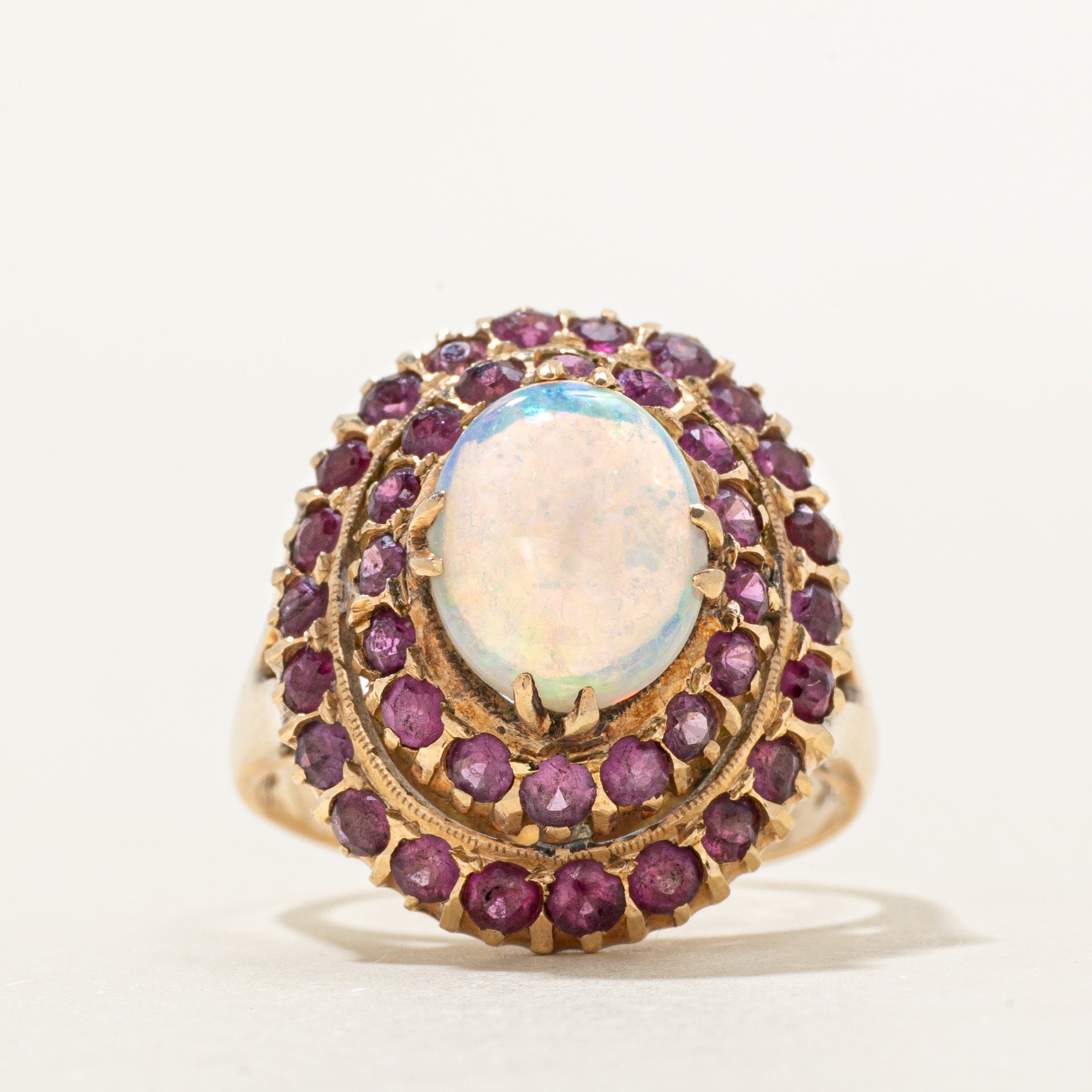 18k Cabochon Opal & Ruby Halo Cocktail Ring | 1.33ct, 0.88ctw | SZ 7.75