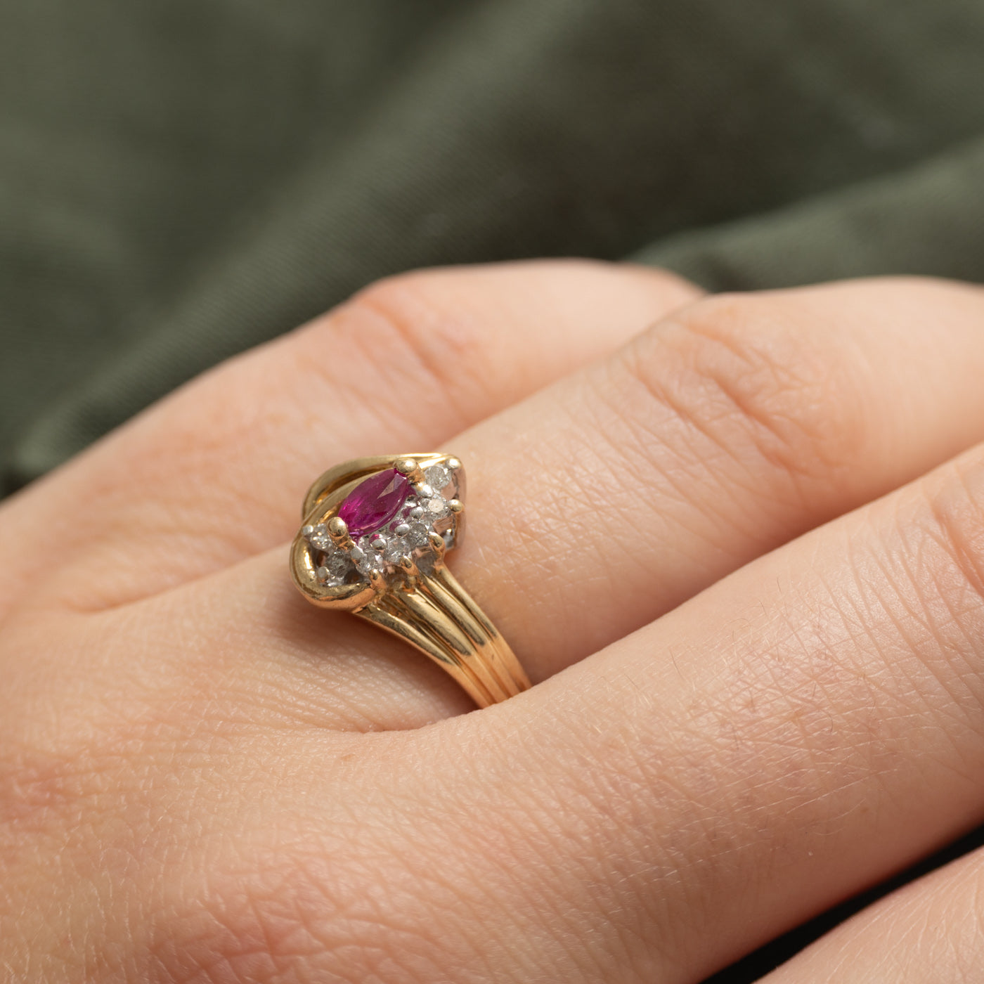 Marquise Cut Ruby & Diamond Grooved Bypass Ring | 0.12ct, 0.07ctw | SZ 6.25