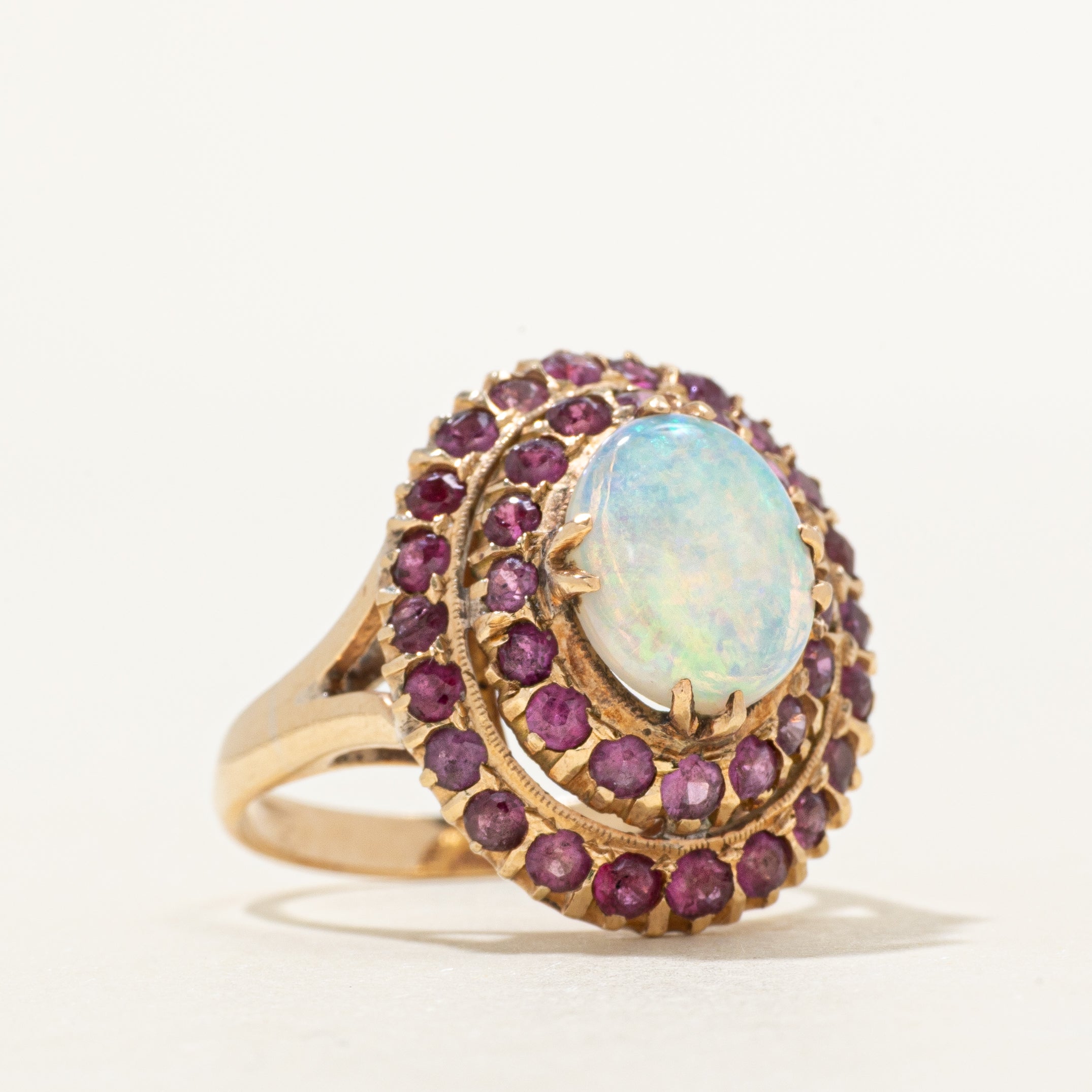 18k Cabochon Opal & Ruby Halo Cocktail Ring | 1.33ct, 0.88ctw | SZ 7.75