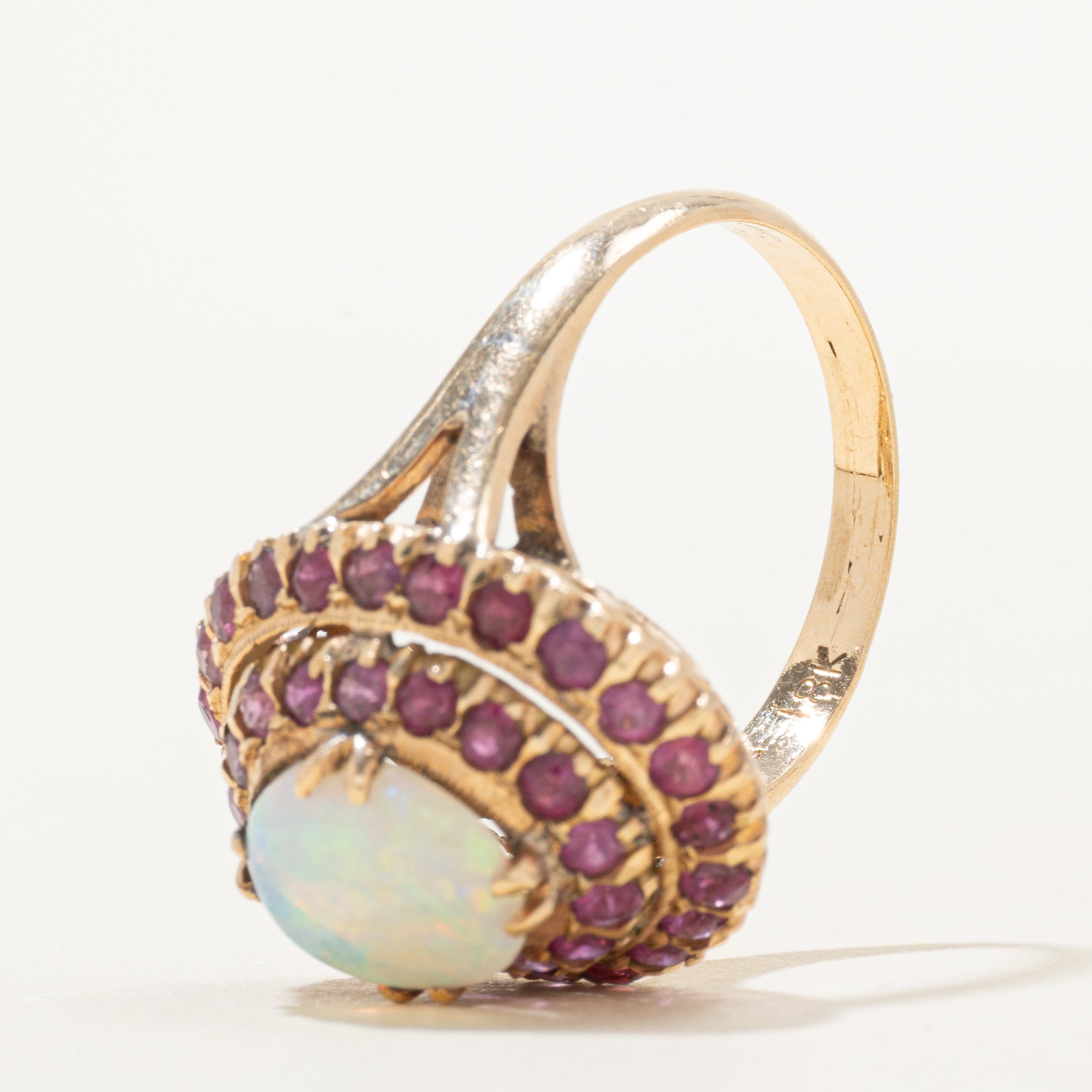 18k Cabochon Opal & Ruby Halo Cocktail Ring | 1.33ct, 0.88ctw | SZ 7.75