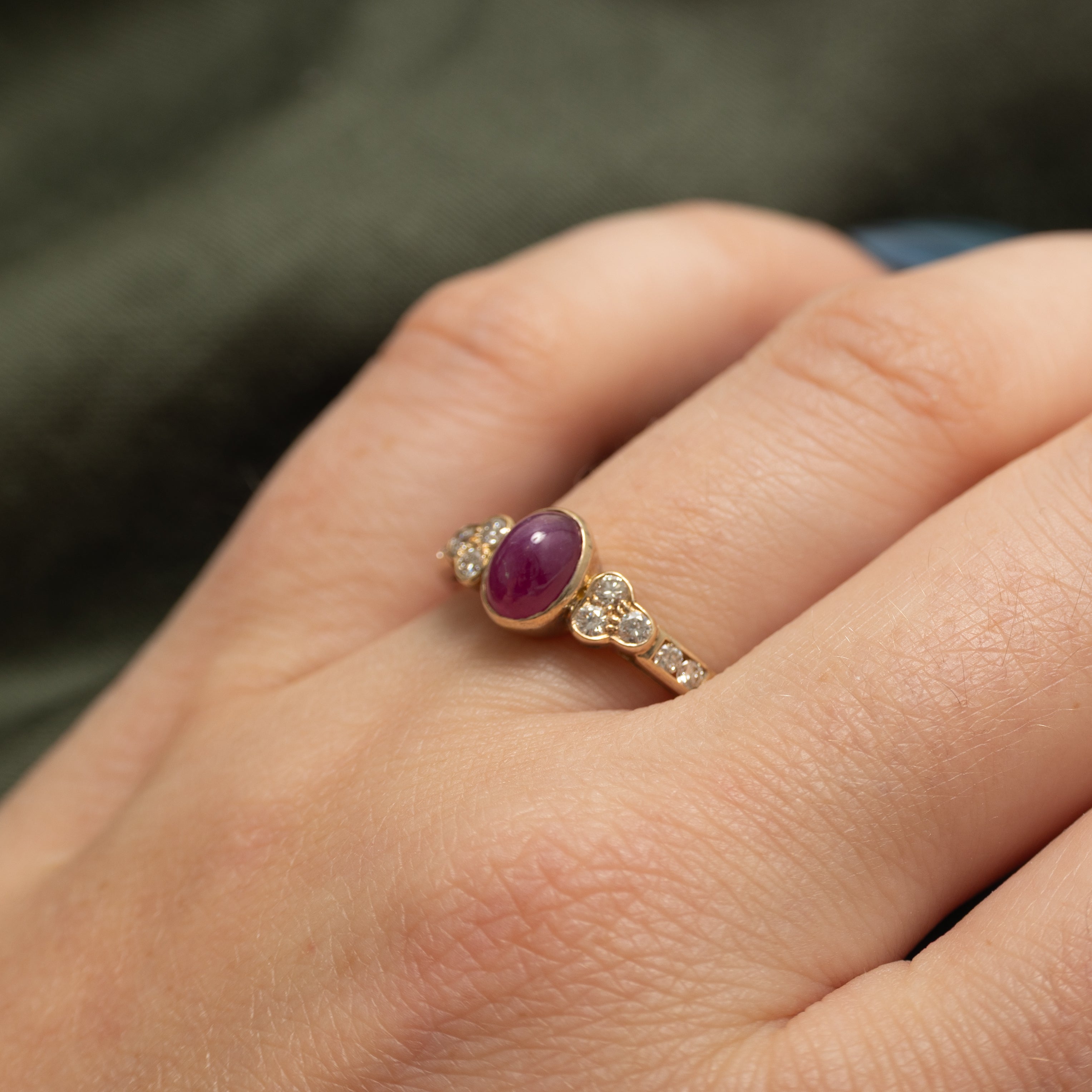 Bezel Set Oval Cabochon Ruby & Diamond Ring | 1.40ct, 0.26ctw | SZ 7.25