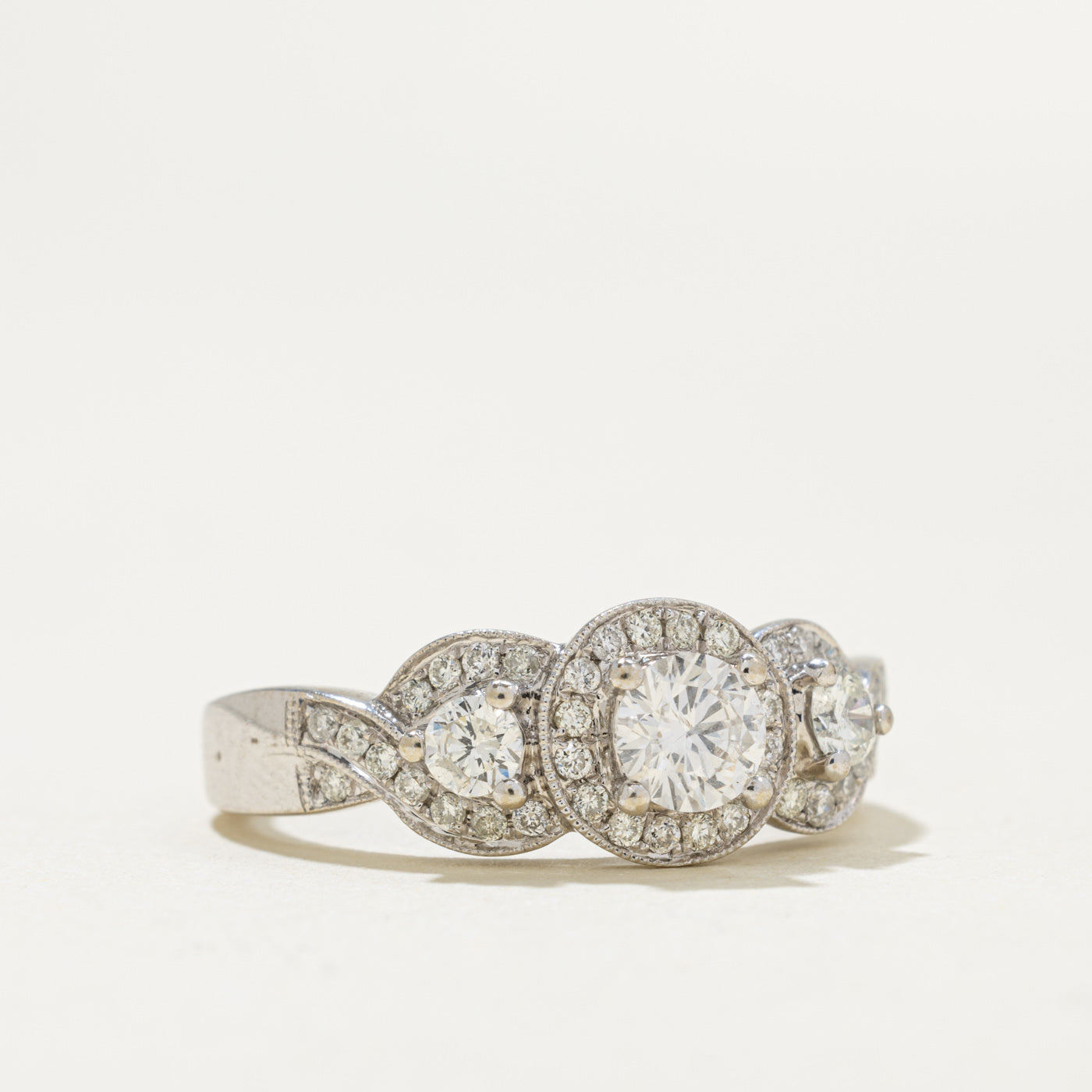 14k Three Stone Diamond Halo Engagement Ring | 0.70ctw | SZ 7.25