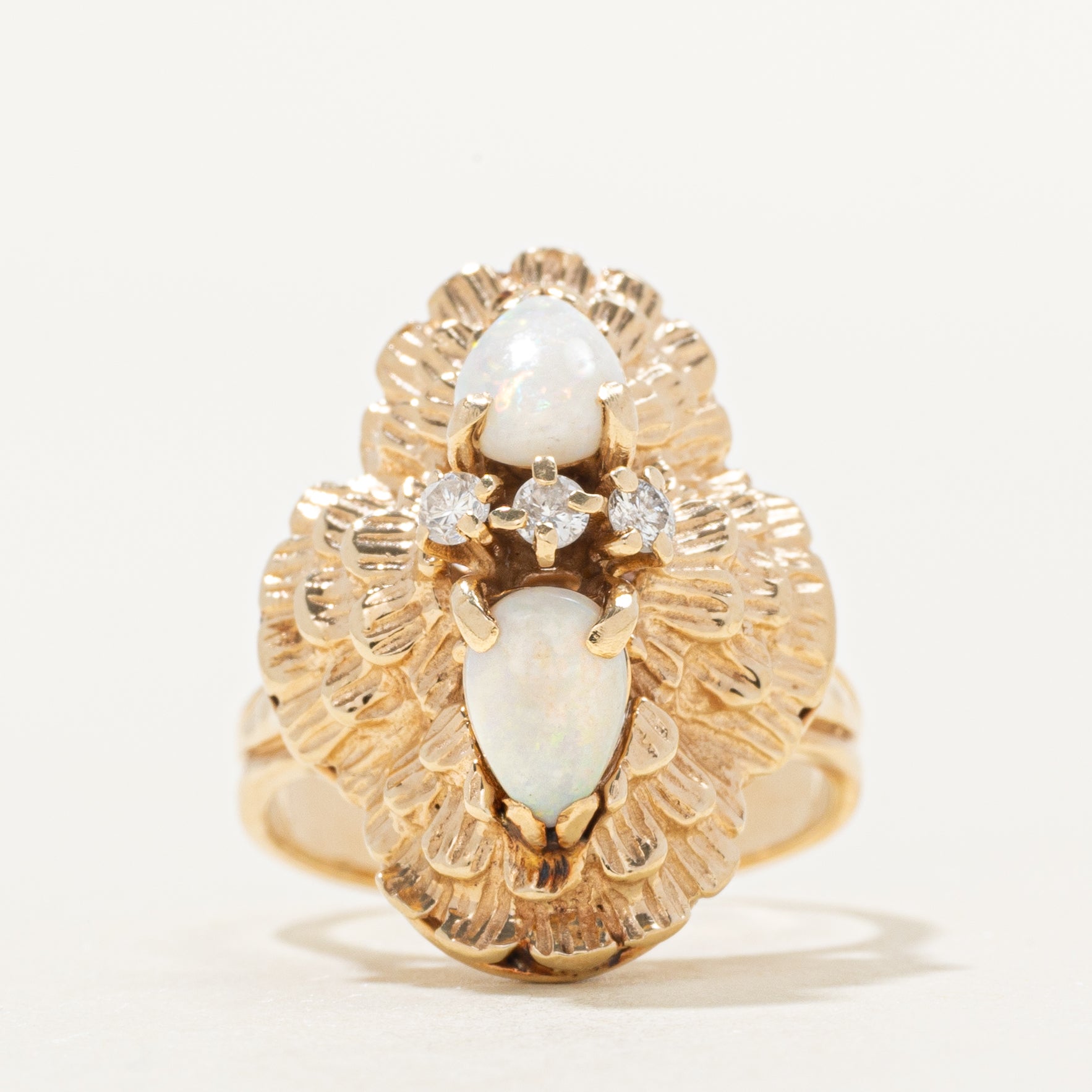 Pear Cut Opal & Diamond Textured Ring | 0.54ctw, 0.07ctw | SZ 3.25