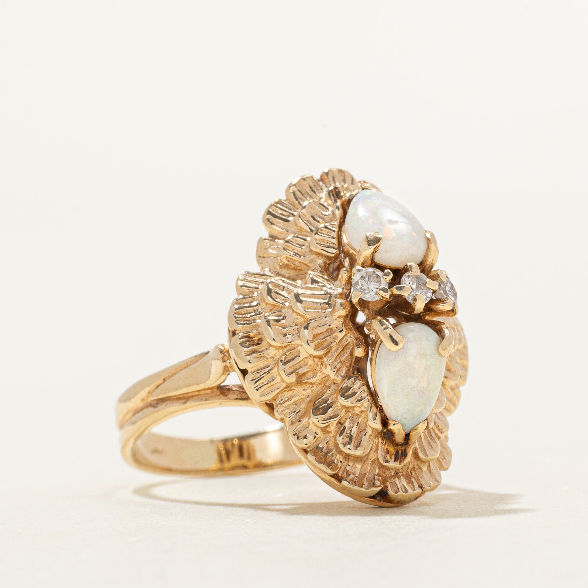 Pear Cut Opal & Diamond Textured Ring | 0.54ctw, 0.07ctw | SZ 3.25