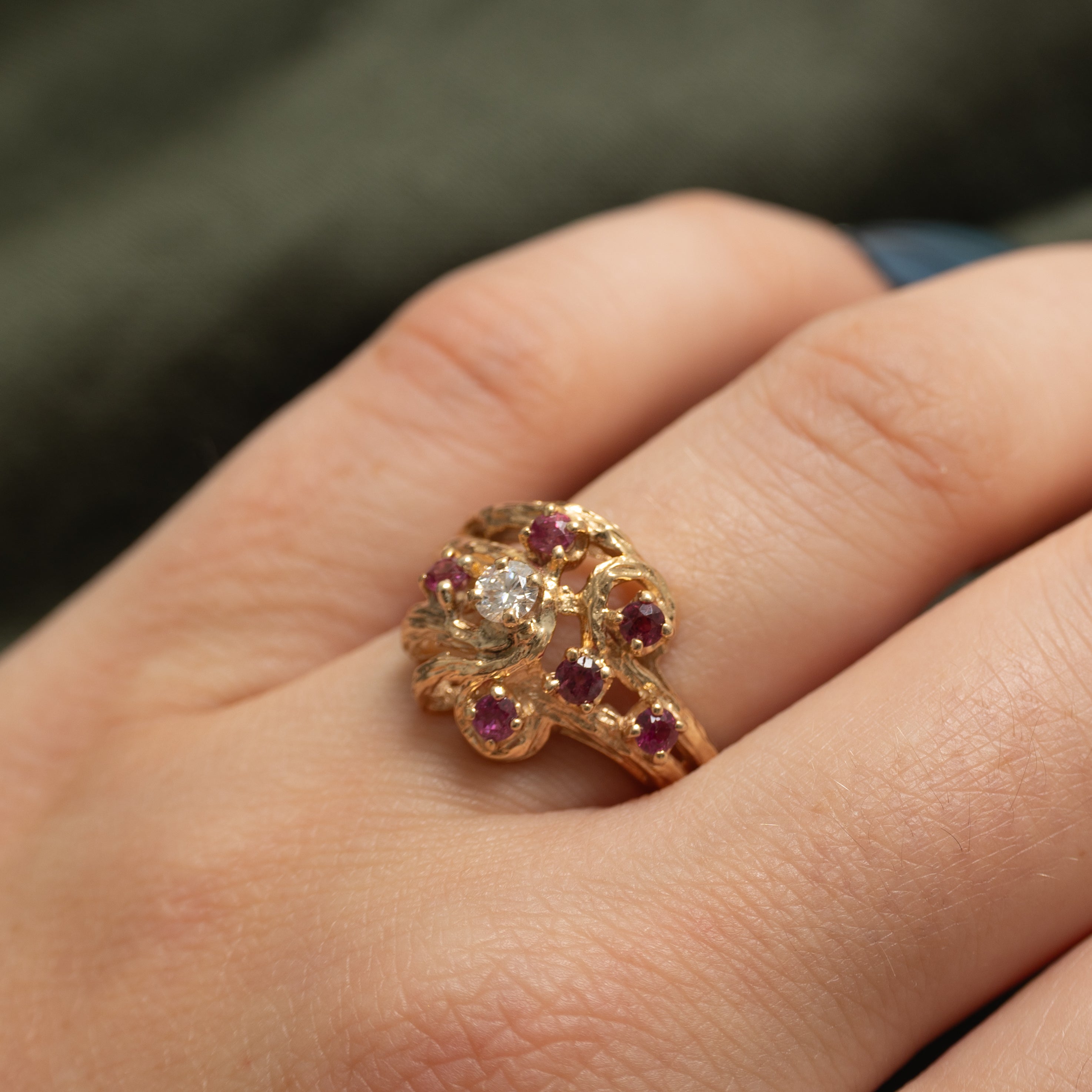 Ruby & Diamond Textured Cocktail Ring | 0.40ctw, 0.15ct | SZ 7