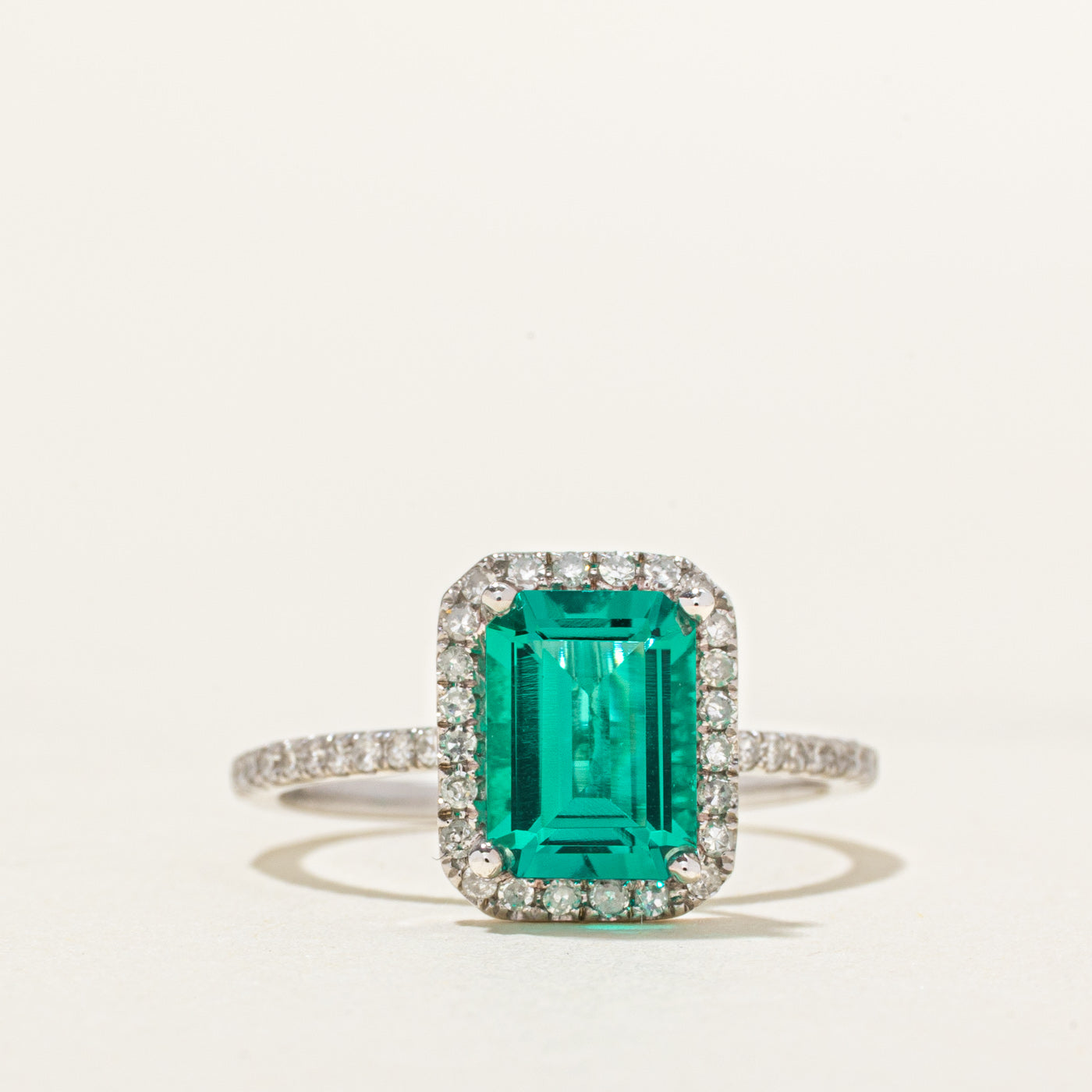 18k Synthetic Emerald & Diamond Halo Ring | 1.70ct, 0.23ct | SZ 5.5