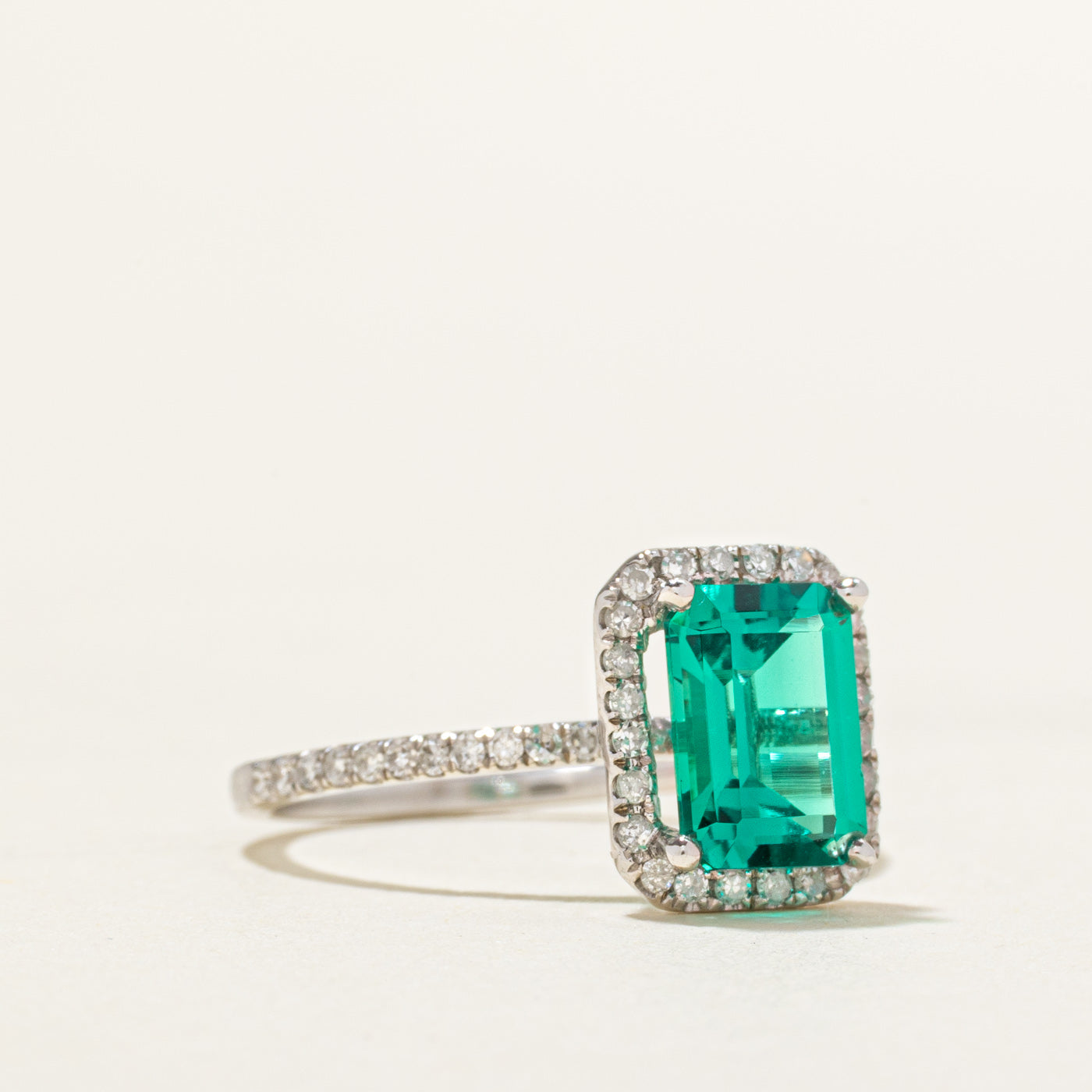 18k Synthetic Emerald & Diamond Halo Ring | 1.70ct, 0.23ct | SZ 5.5