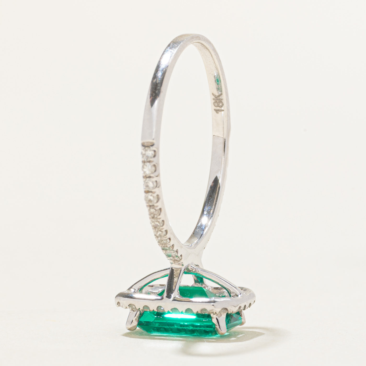 18k Synthetic Emerald & Diamond Halo Ring | 1.70ct, 0.23ct | SZ 5.5