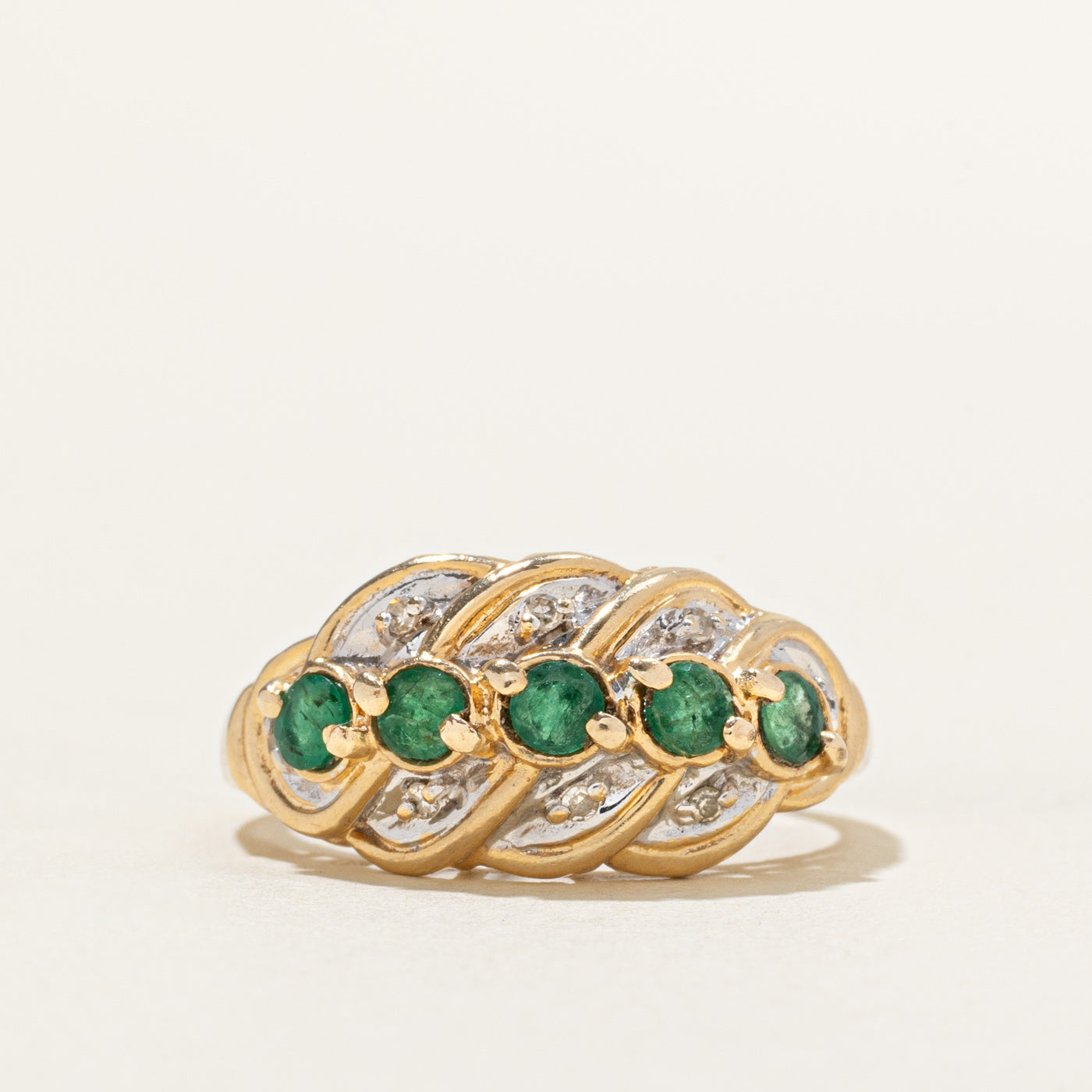 Five Stone Emerald & Diamond Grooved Dome Ring | 0.50ctw, 0.04ctw | SZ 7