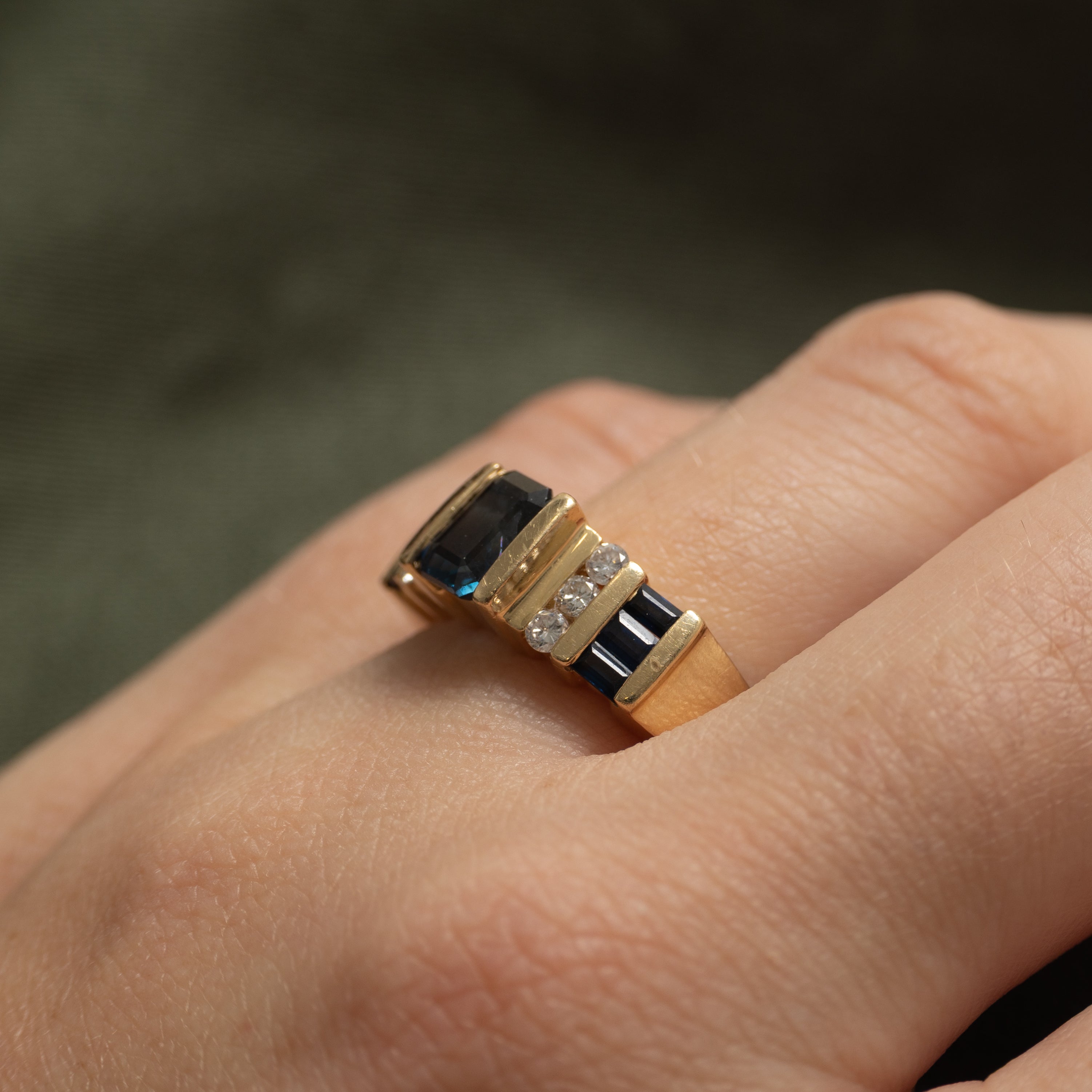 Channel Set Synthetic Sapphire & Natural Diamond Ring | 1.35ctw, 0.09ctw | SZ 8.25