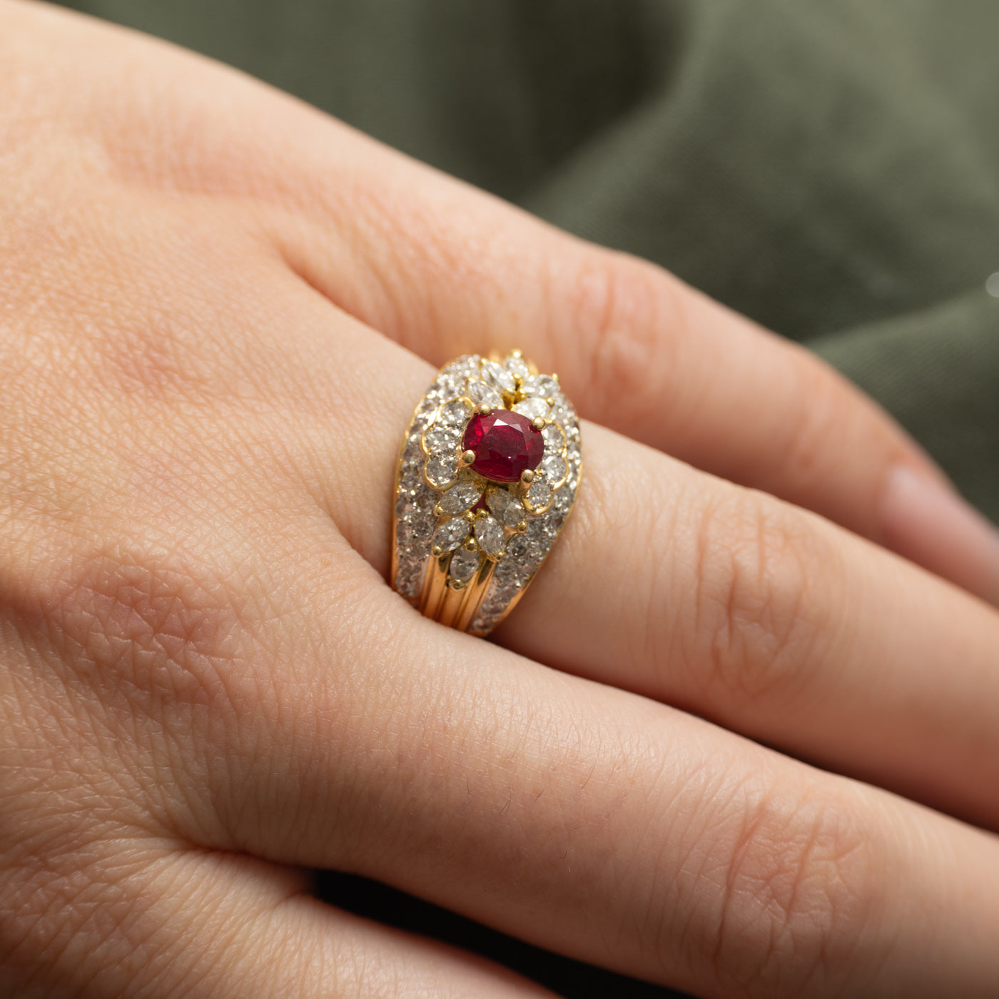 18k Ruby & Diamond Cluster Cocktail Ring | 1.00ct, 0.83ctw | SZ 6