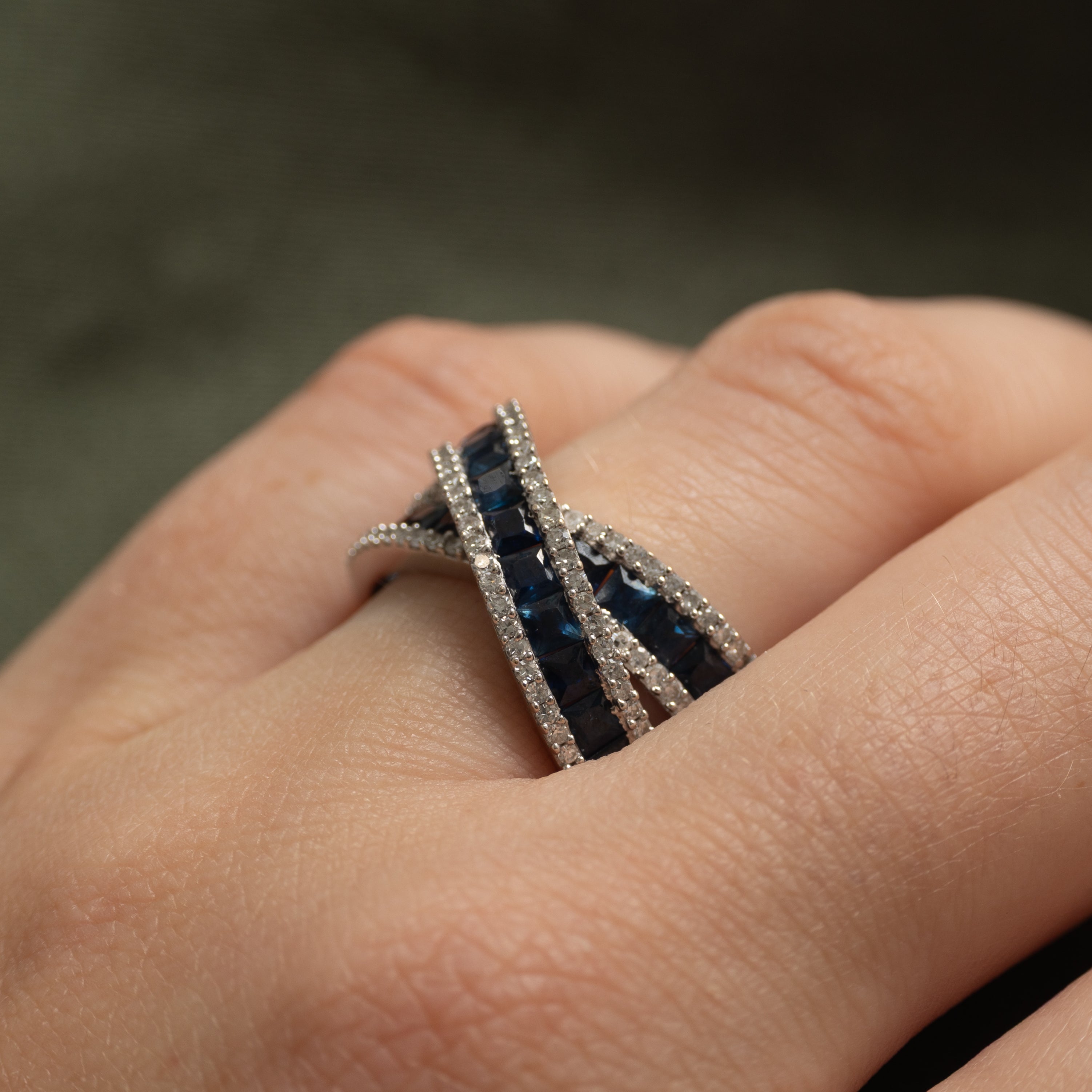 Princess Cut Sapphire & Diamond Cross Over Ring | 1.90ctw, 0.17ctw | SZ 7