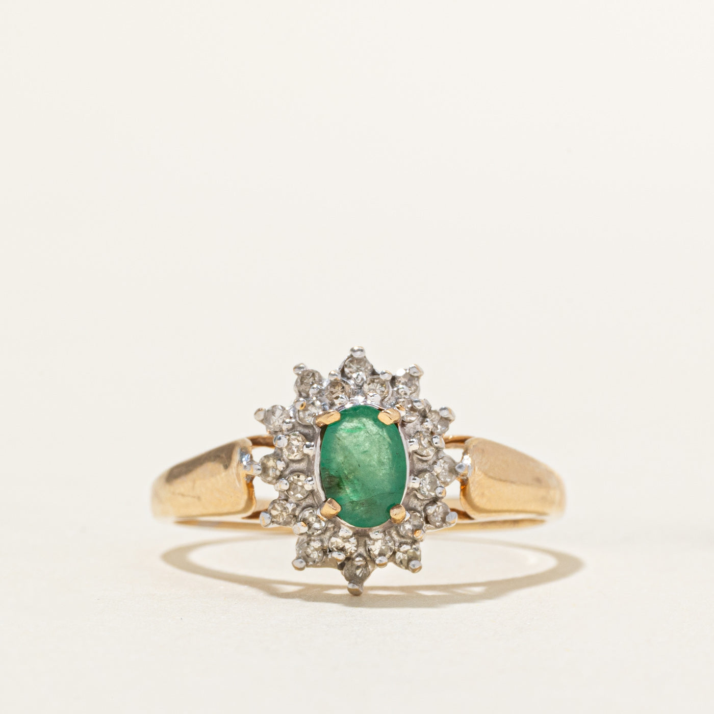 Oval Cut Emerald & Diamond Petal Halo Cluster Ring | 0.35ct, 0.19ctw | SZ 9