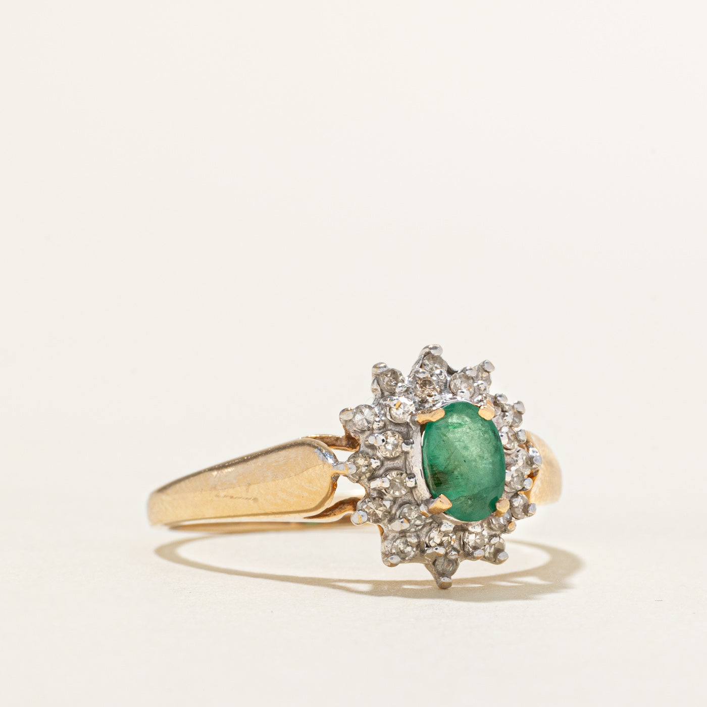 Oval Cut Emerald & Diamond Petal Halo Cluster Ring | 0.35ct, 0.19ctw | SZ 9