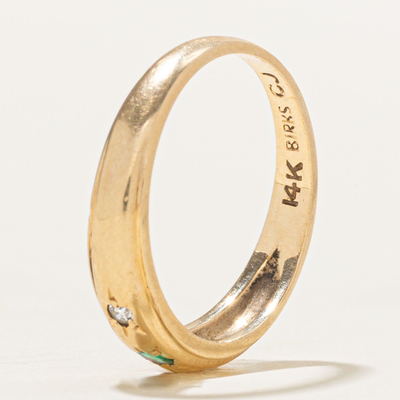 'Birks' Star Set Emerald & Diamond Grooved Band | 0.05ct, 0.02ctw | SZ 6