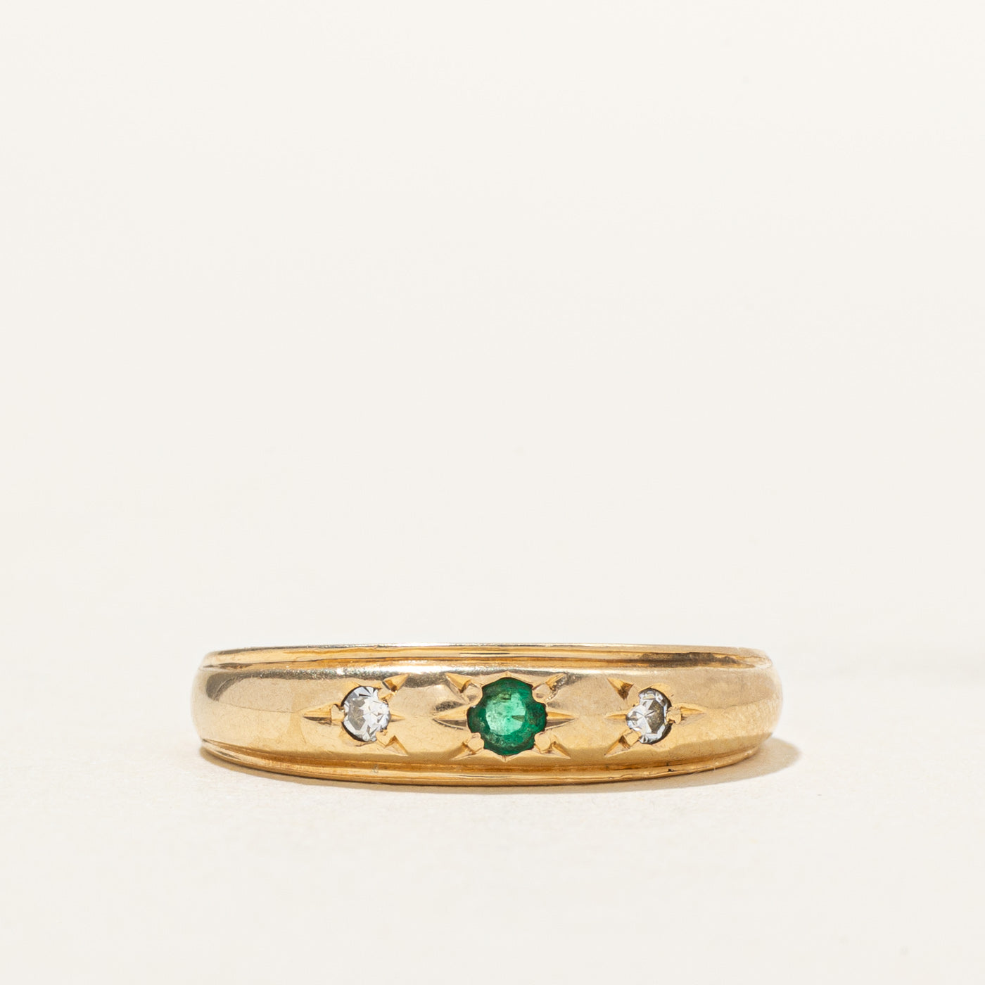 'Birks' Star Set Emerald & Diamond Grooved Band | 0.05ct, 0.02ctw | SZ 6