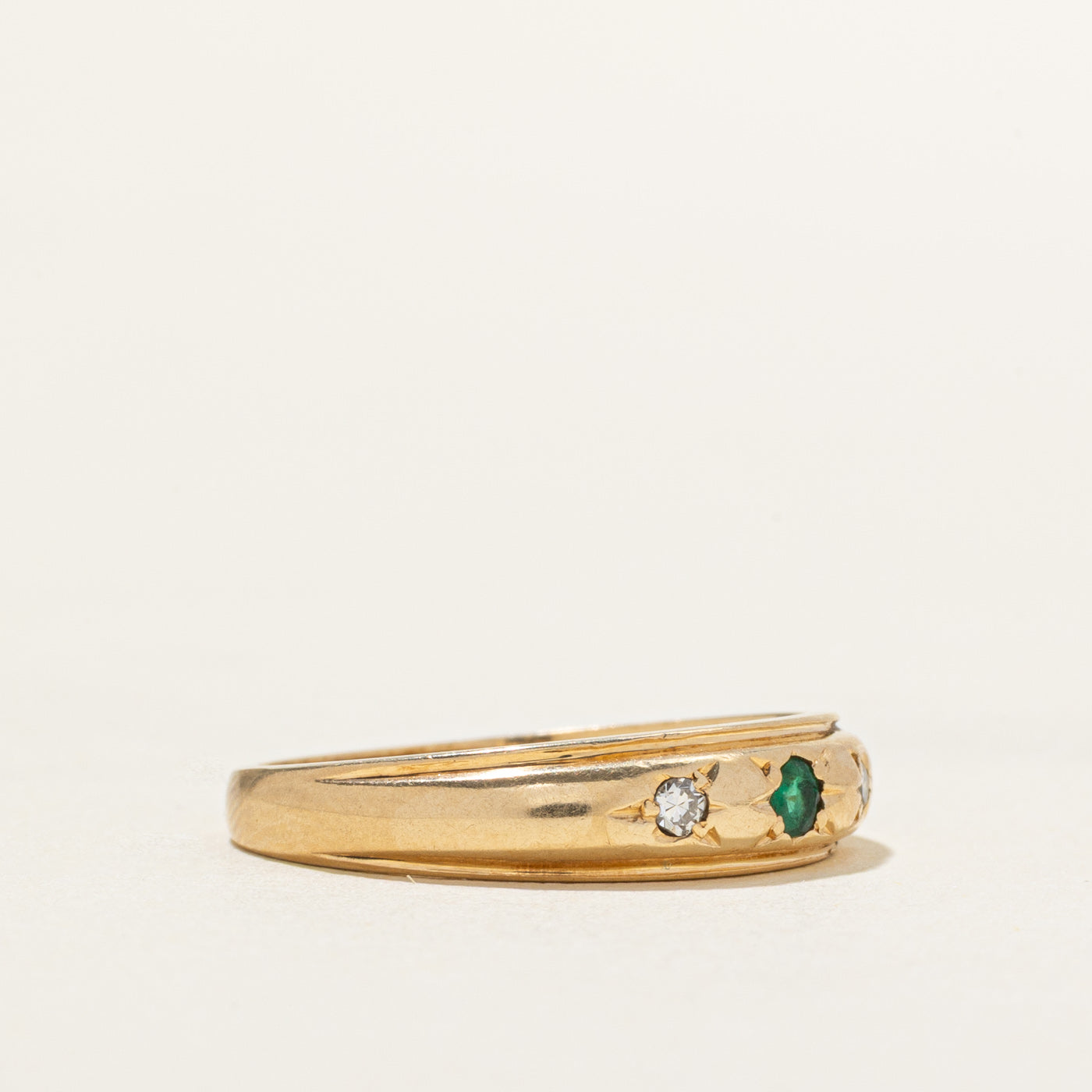'Birks' Star Set Emerald & Diamond Grooved Band | 0.05ct, 0.02ctw | SZ 6