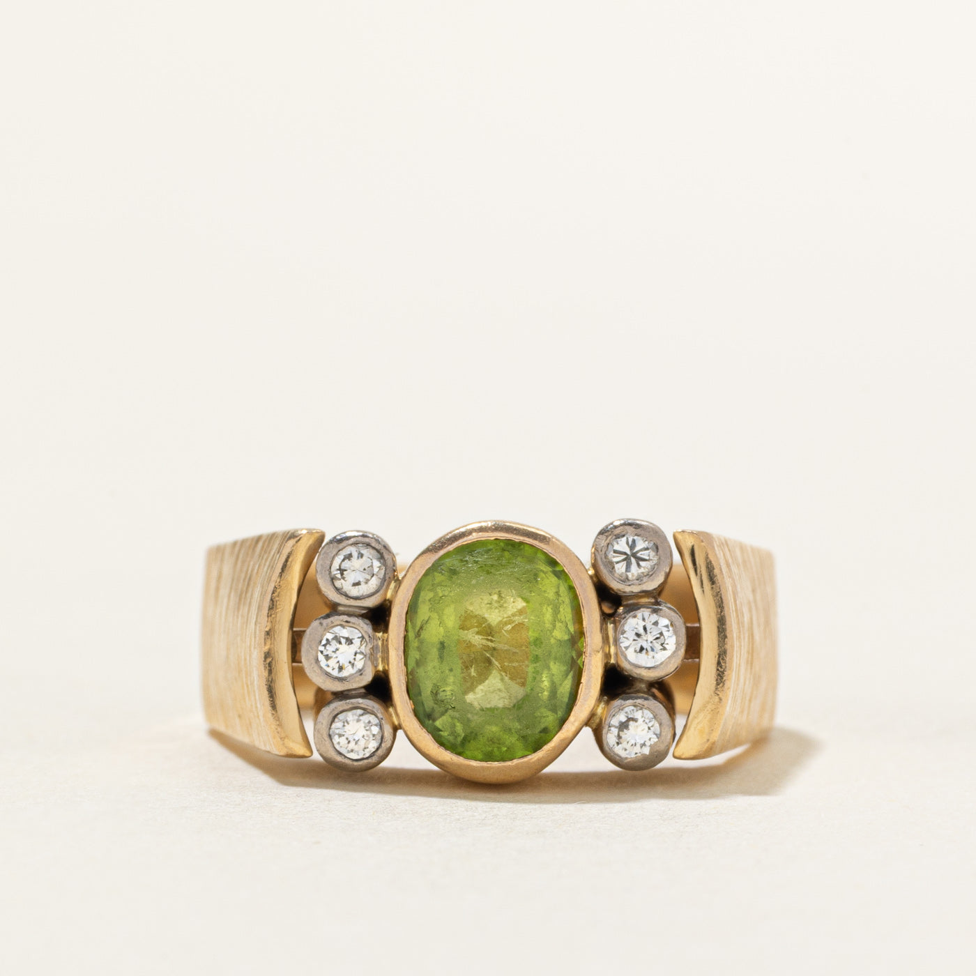 18k Bezel Set Oval Cut Peridot & Diamond Chunky Ring | 2.00ct, 0.12ctw | SZ 8.75