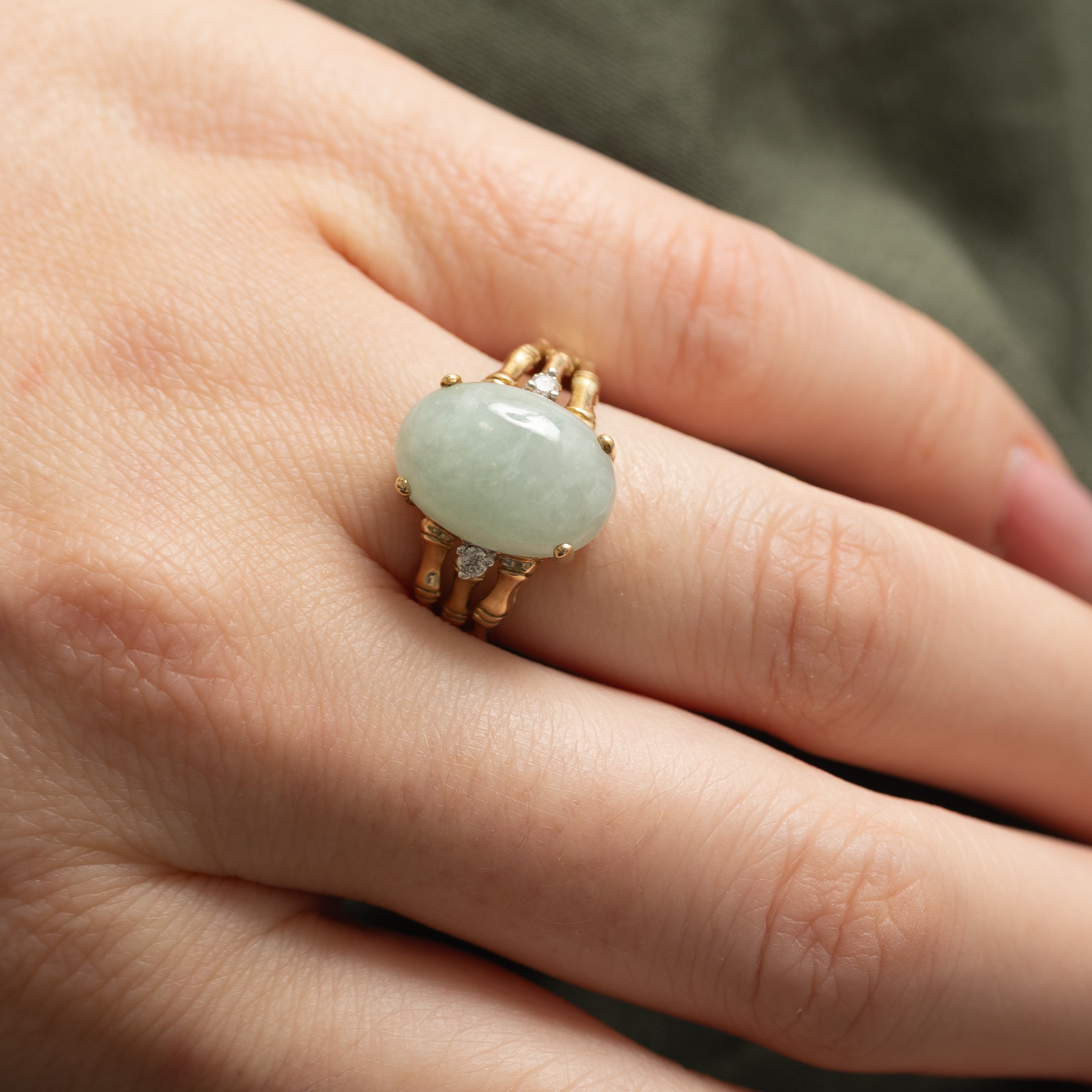 Jadeite & Diamond Split Bamboo Textured Shank Ring  | 5.6ct, 0.04ctw | SZ 7.0 |