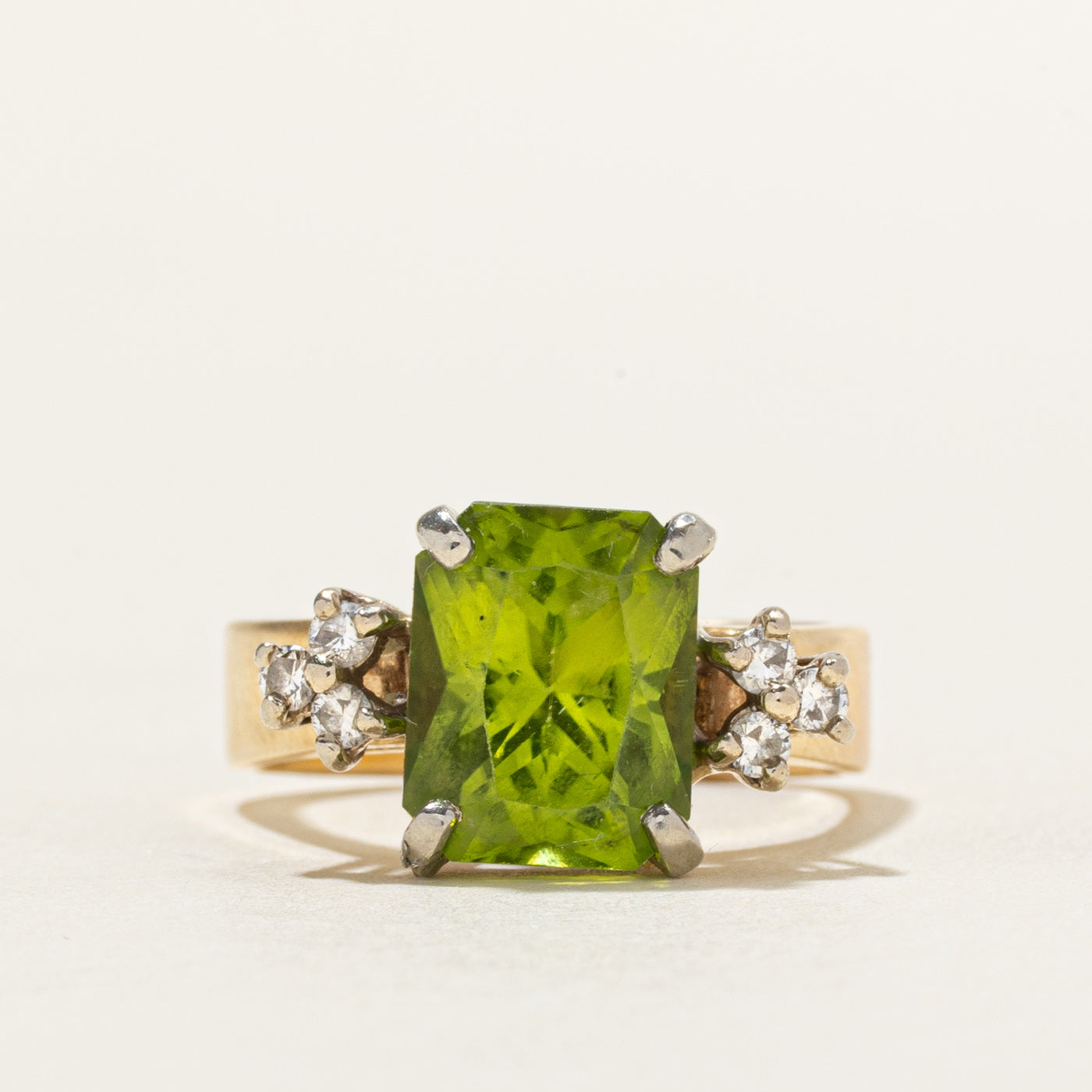 18k Radiant Cut Peridot & Diamond Accented Ring | 3.70ct, 0.12ctw | SZ 6.5