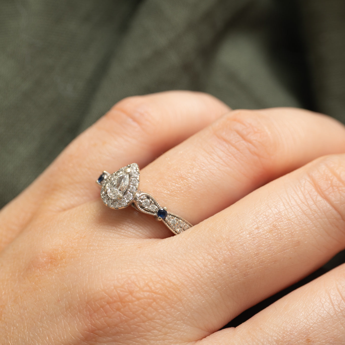 Pear Cut Diamond Halo & Sapphire Ring | 0.65ctw, 0.15ctw | SZ 8.25