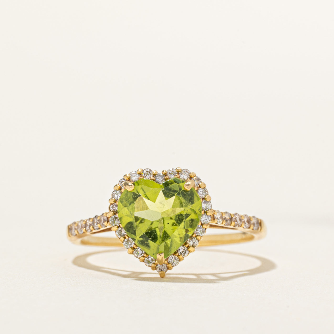 18k Heart Cut Peridot & Chocolate Diamond Halo Ring | 1.50ct, 0.22ctw | SZ 7