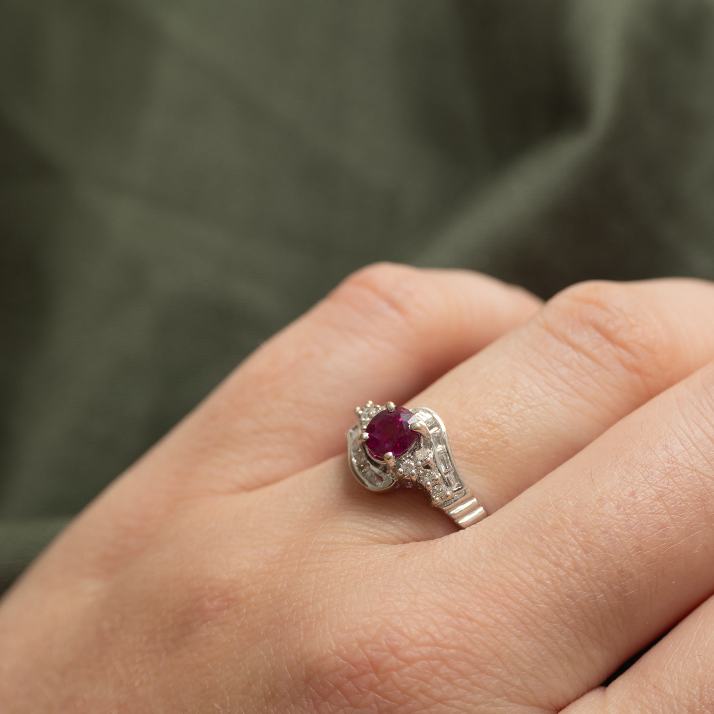 18k Oval Cut Ruby & Diamond Bypass Ring | 0.85ct, 0.20ctw | SZ 6.5