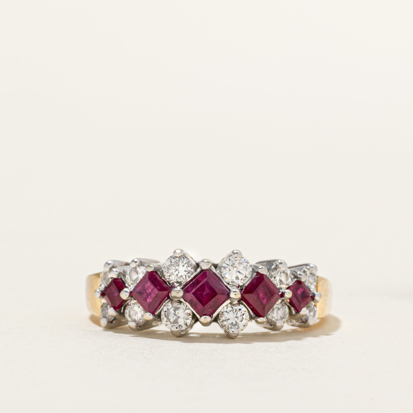 Square Cut Ruby & Diamond Checkerboard Ring | 0.65ctw, 0.36ctw | SZ 8.5