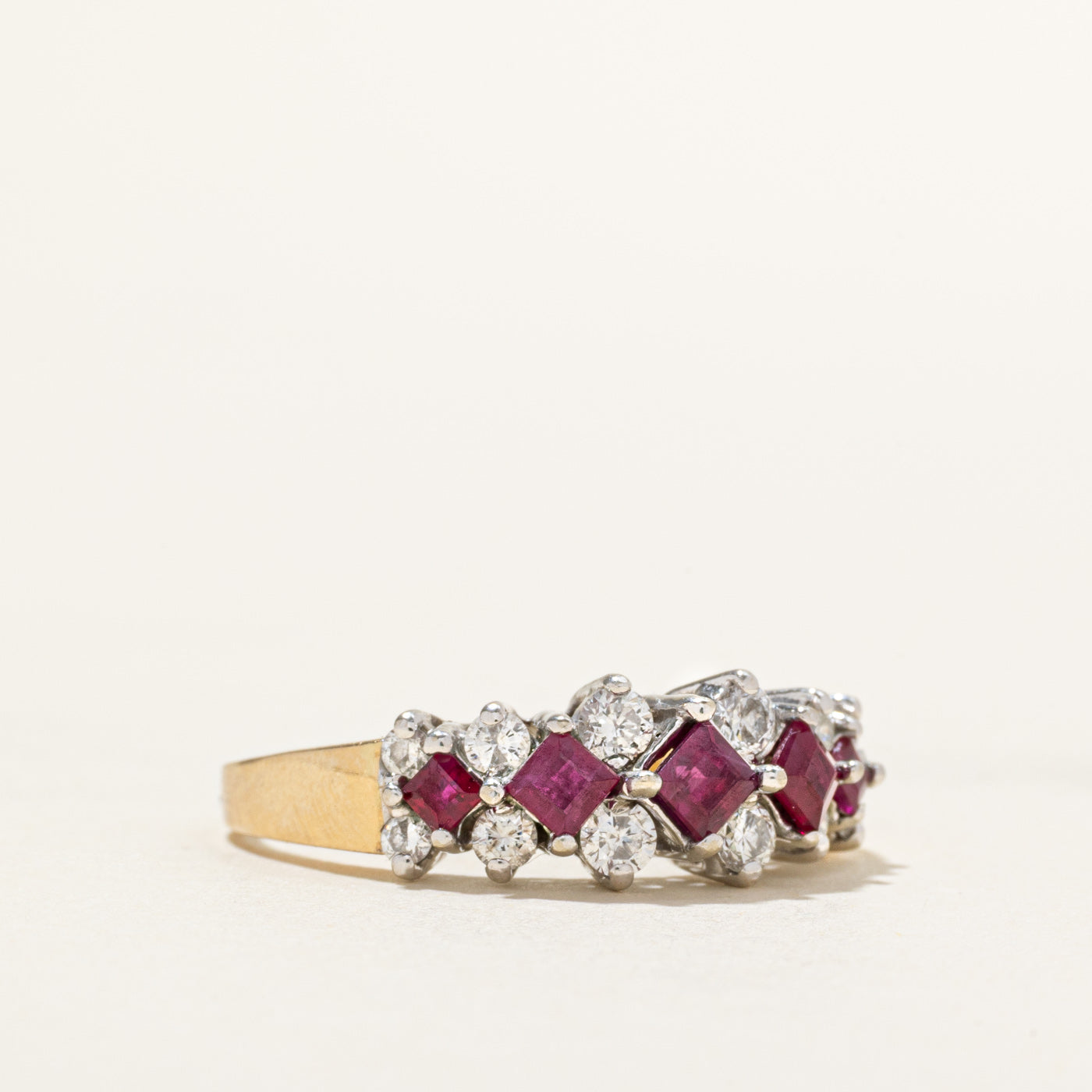 Square Cut Ruby & Diamond Checkerboard Ring | 0.65ctw, 0.36ctw | SZ 8.5