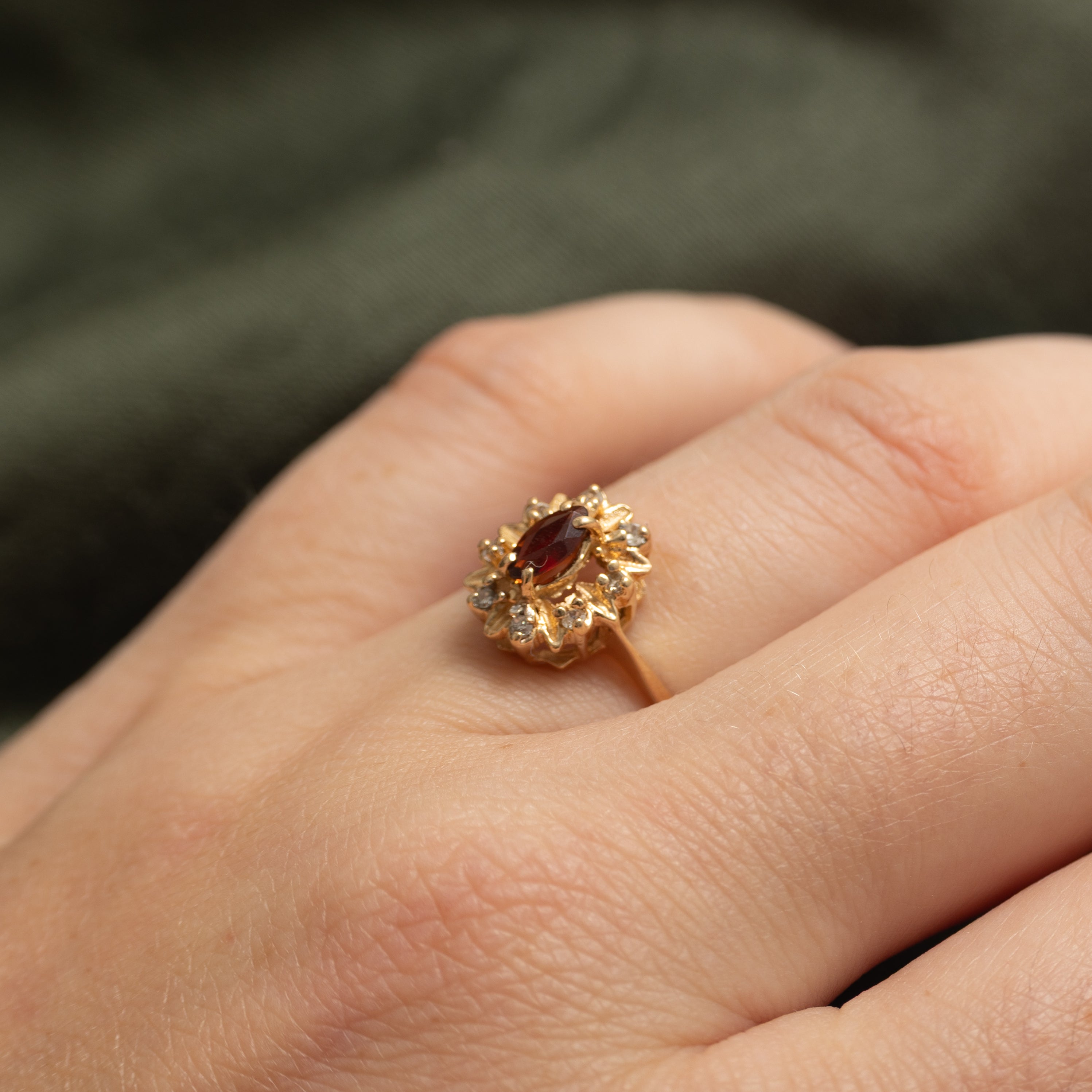 Marquise Cut Garnet & Diamond Ornate Ring | 0.22ct, 0.08ctw | SZ 6
