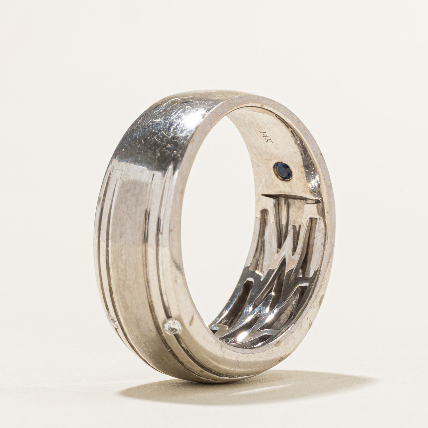 Diamond & Hidden Sapphire Grooved Band | 0.06ct, 0.03ctw | SZ 9