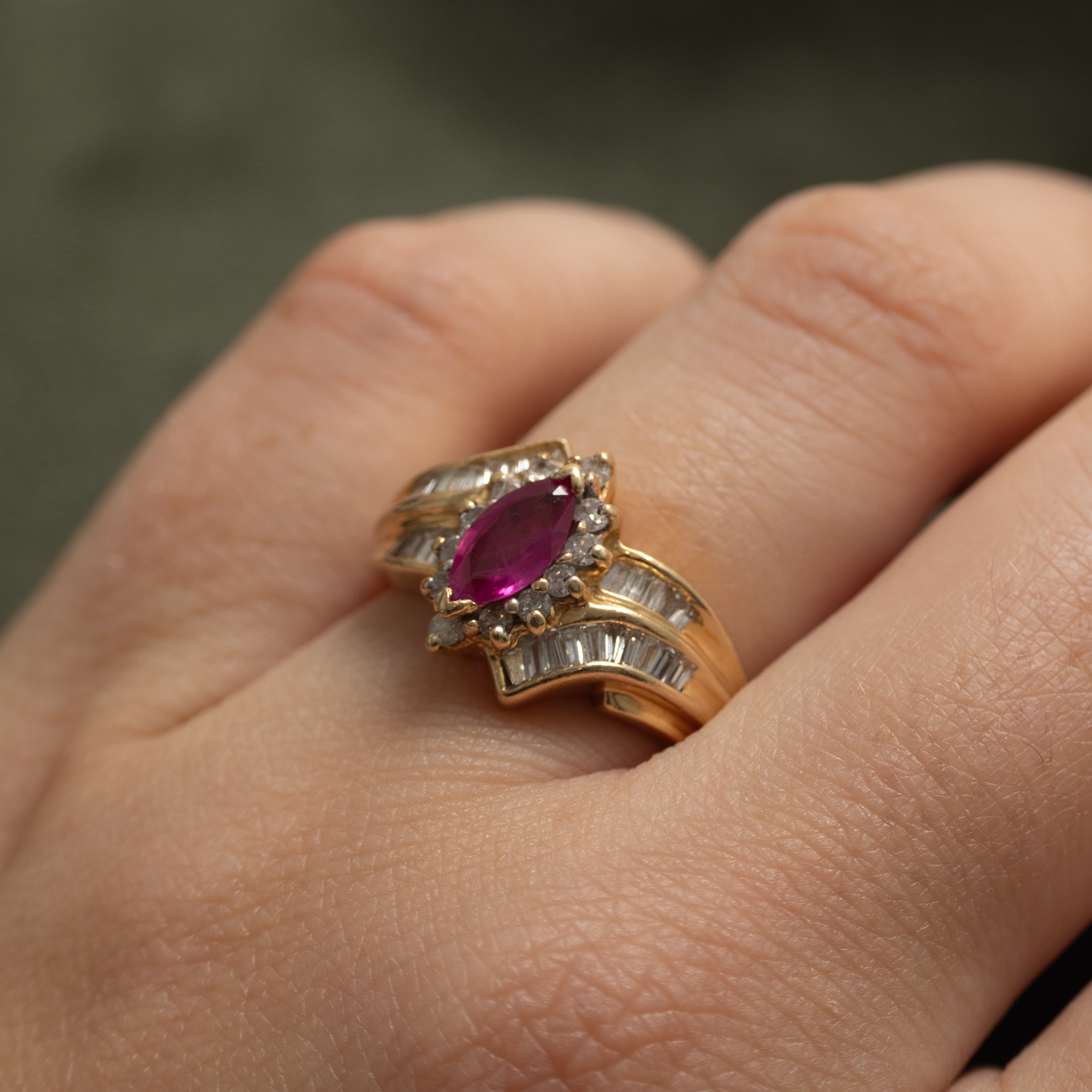 Synthetic Ruby & Diamond Halo Bypass Ring | 0.41ct, 0.63ctw | SZ 5.5
