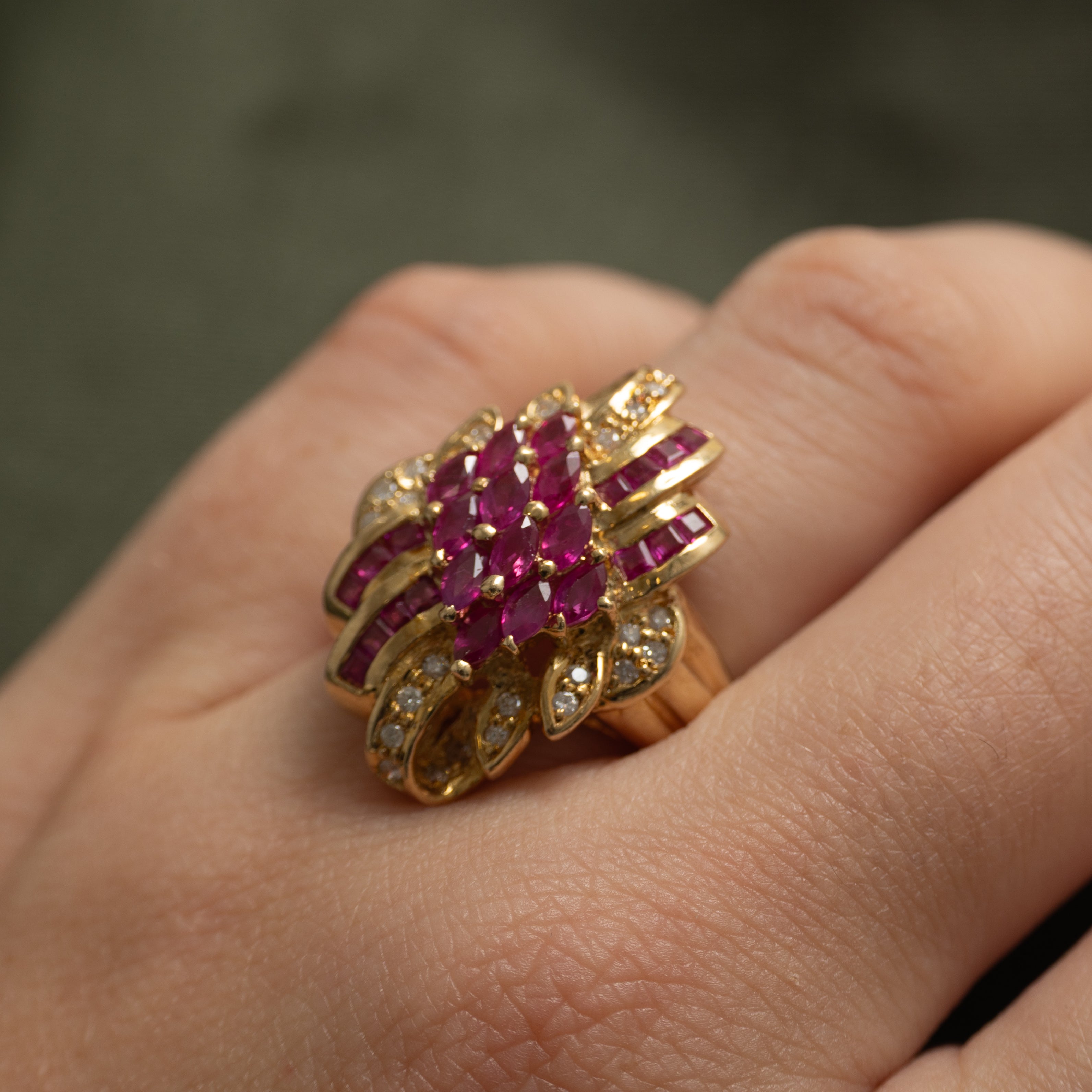 Synthetic Ruby & Diamond Cluster Cocktail Ring | 1.53ctw, 0.28ctw | SZ 9
