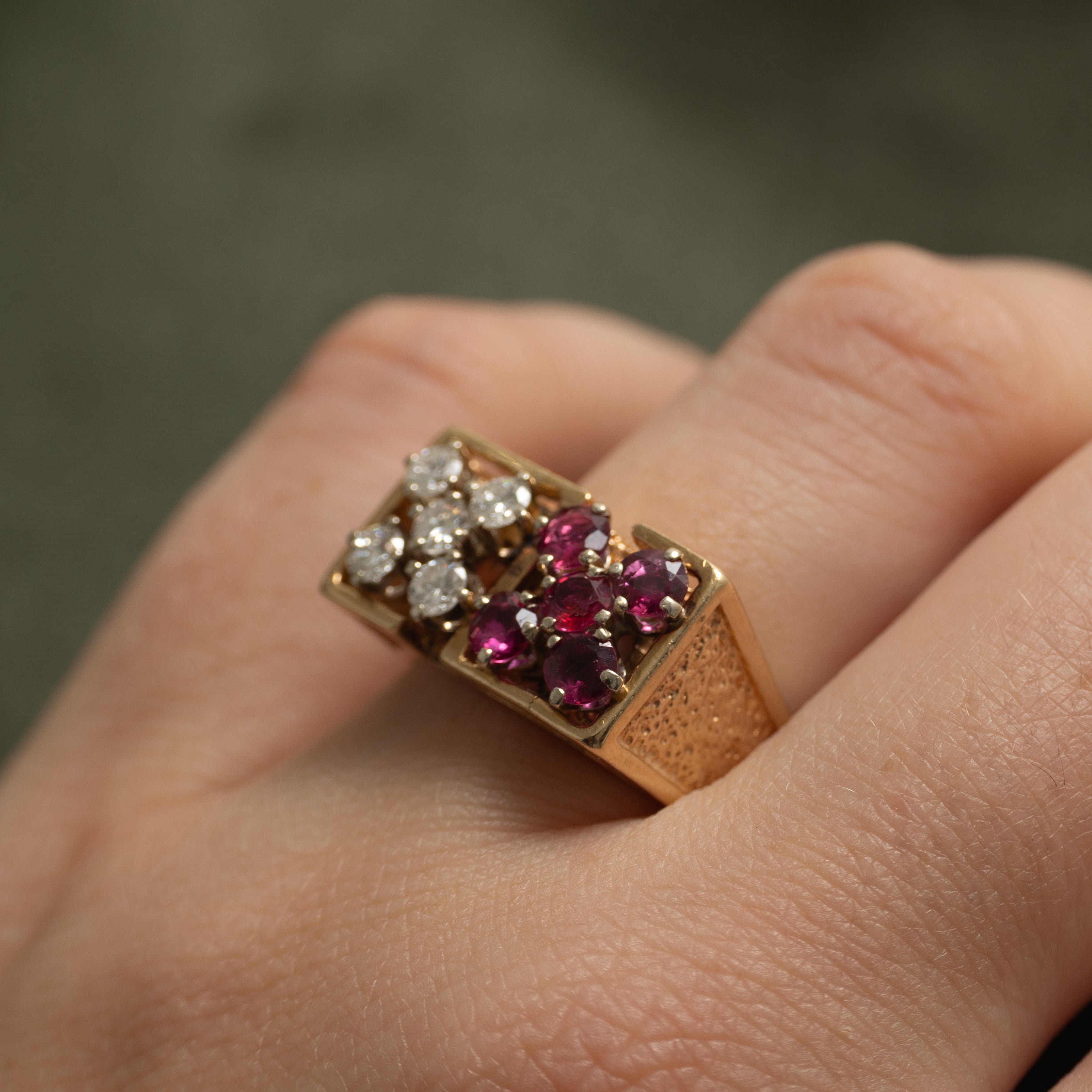 Ruby & Diamond X Cluster Chunky Ring | 0.60ctw, 0.43ctw | SZ 7