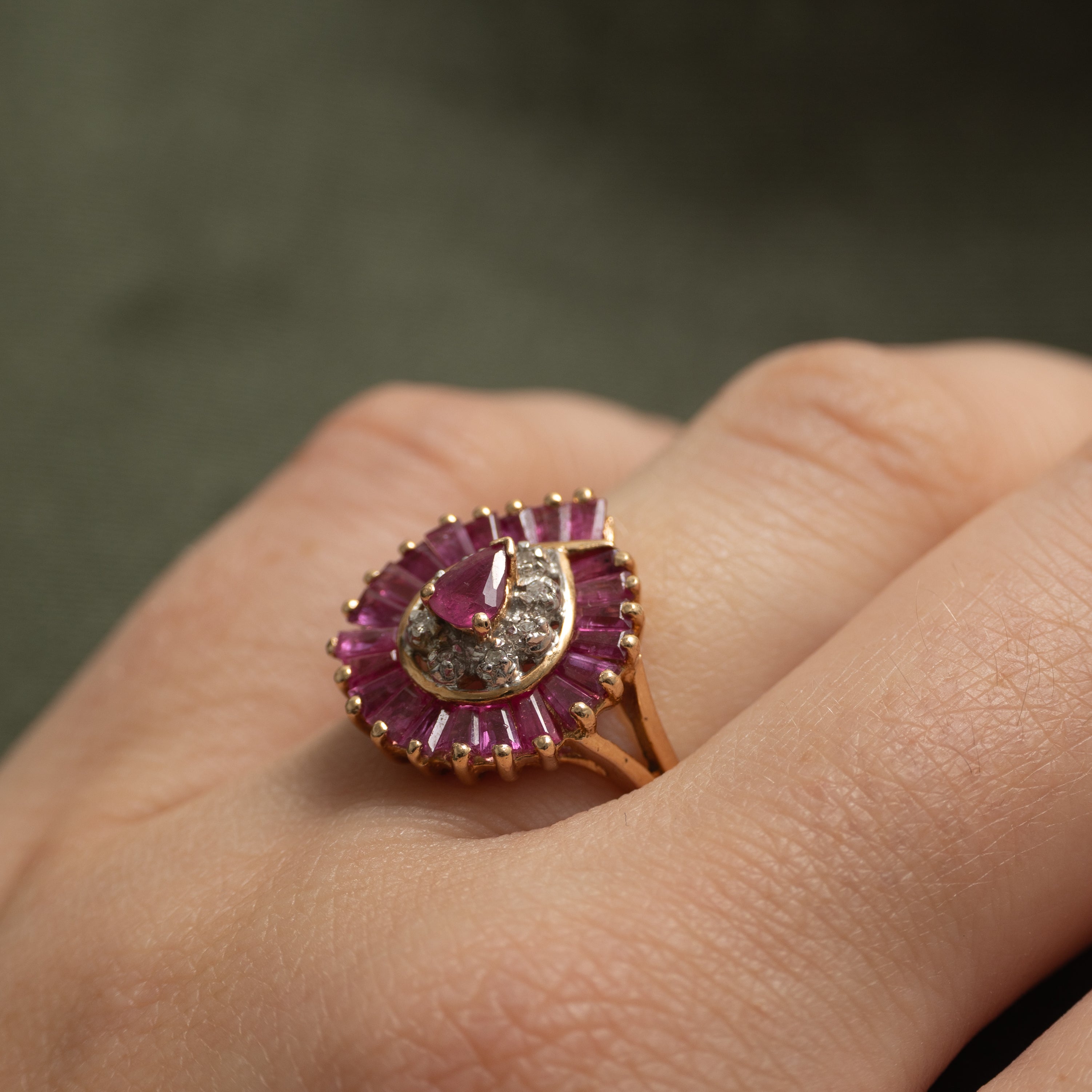 Baguette Cut Ruby & Diamond Cocktail Ring | 1.06ctw, 0.02ctw | SZ 6