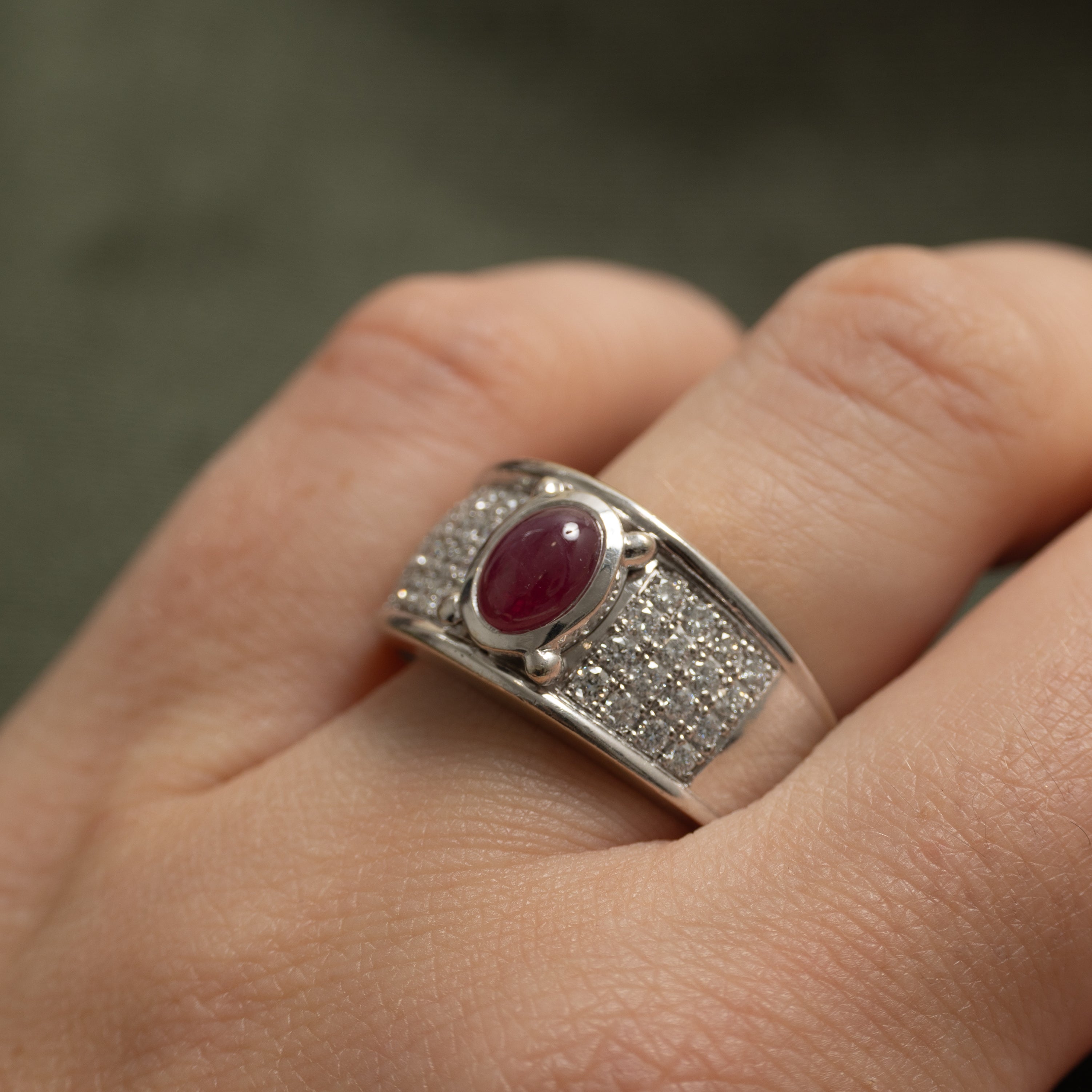 Cabochon Ruby & Diamond Grid Ring | 1.16ct, 0.64ctw | SZ 8.75