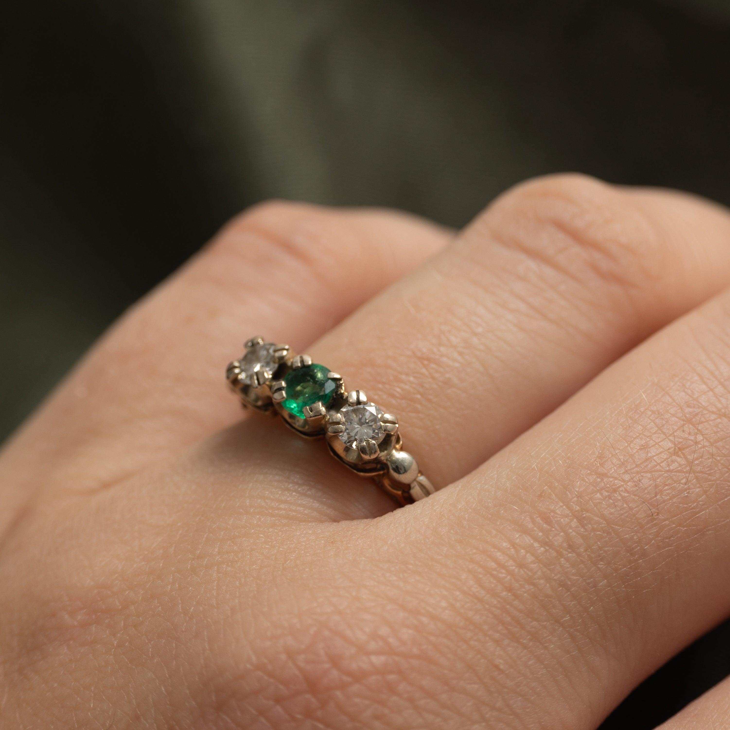 Three Stone Emerald & Diamond Ring | 0.23ct, 0.30ctw | SZ 5.5