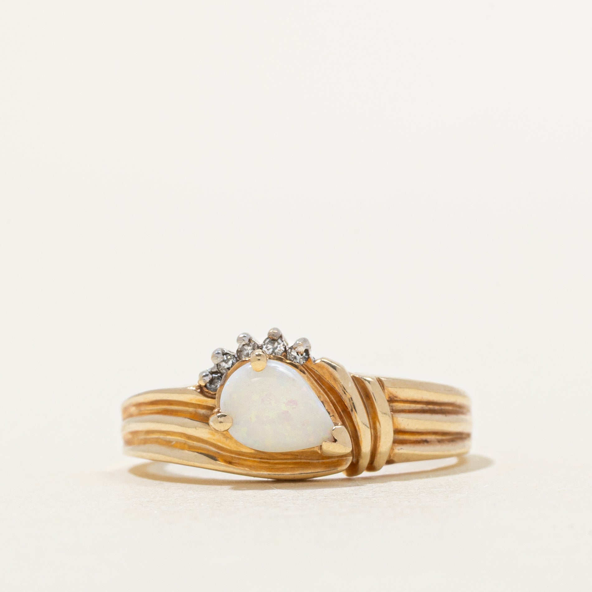 Pear Cut Opal & Diamond Grooved Ring | 0.19ct, 0.03ctw | SZ 7.25