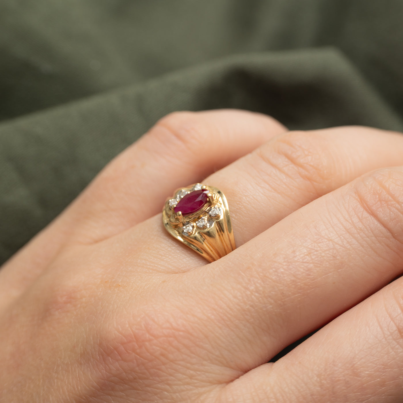 Marquise Cut Ruby & Diamond Grooved Ring | 0.38ct, 0.06ctw | SZ 4.5