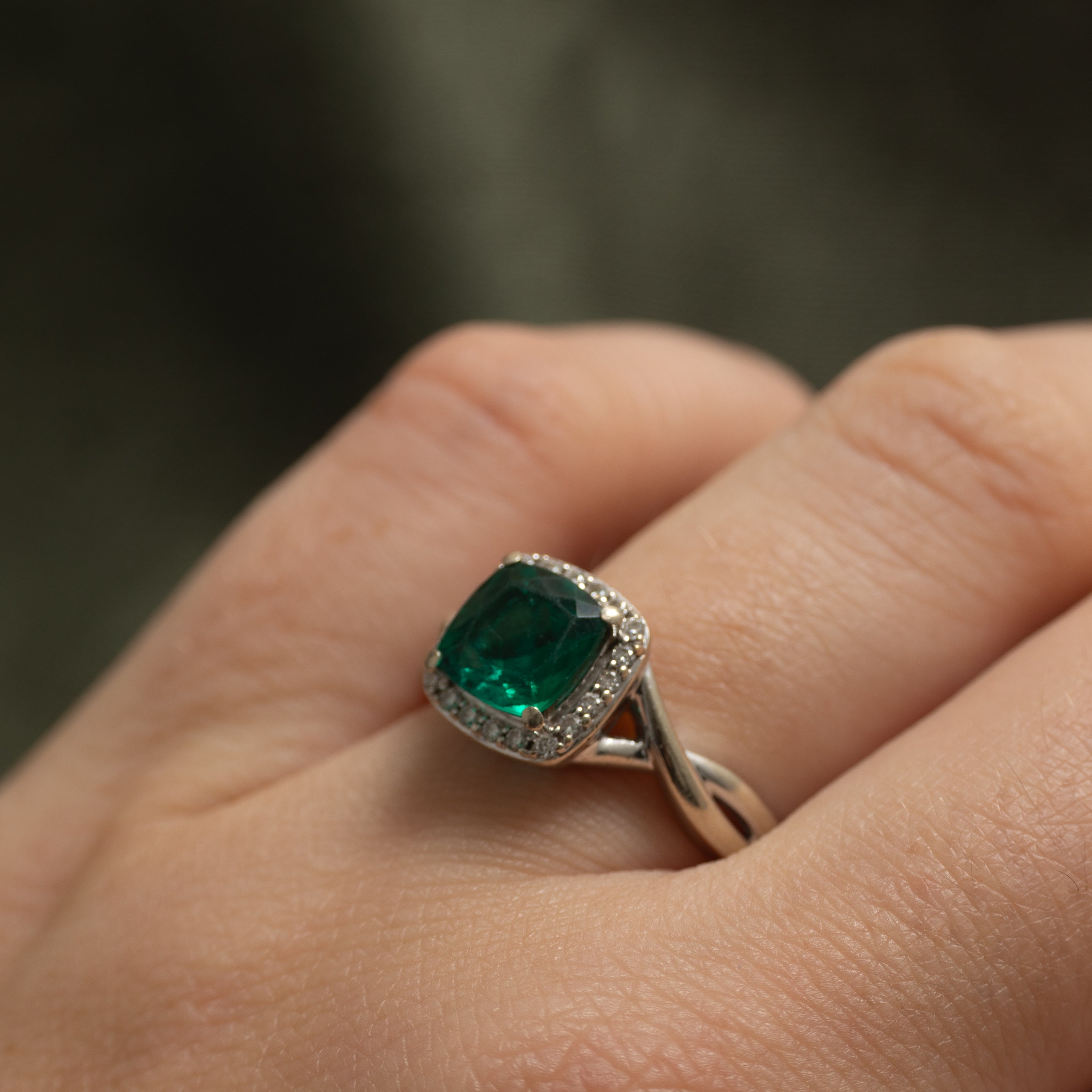 Synthetic Emerald & Diamond Halo Cross Over Ring | 1.10ct, 0.04ctw | SZ 7