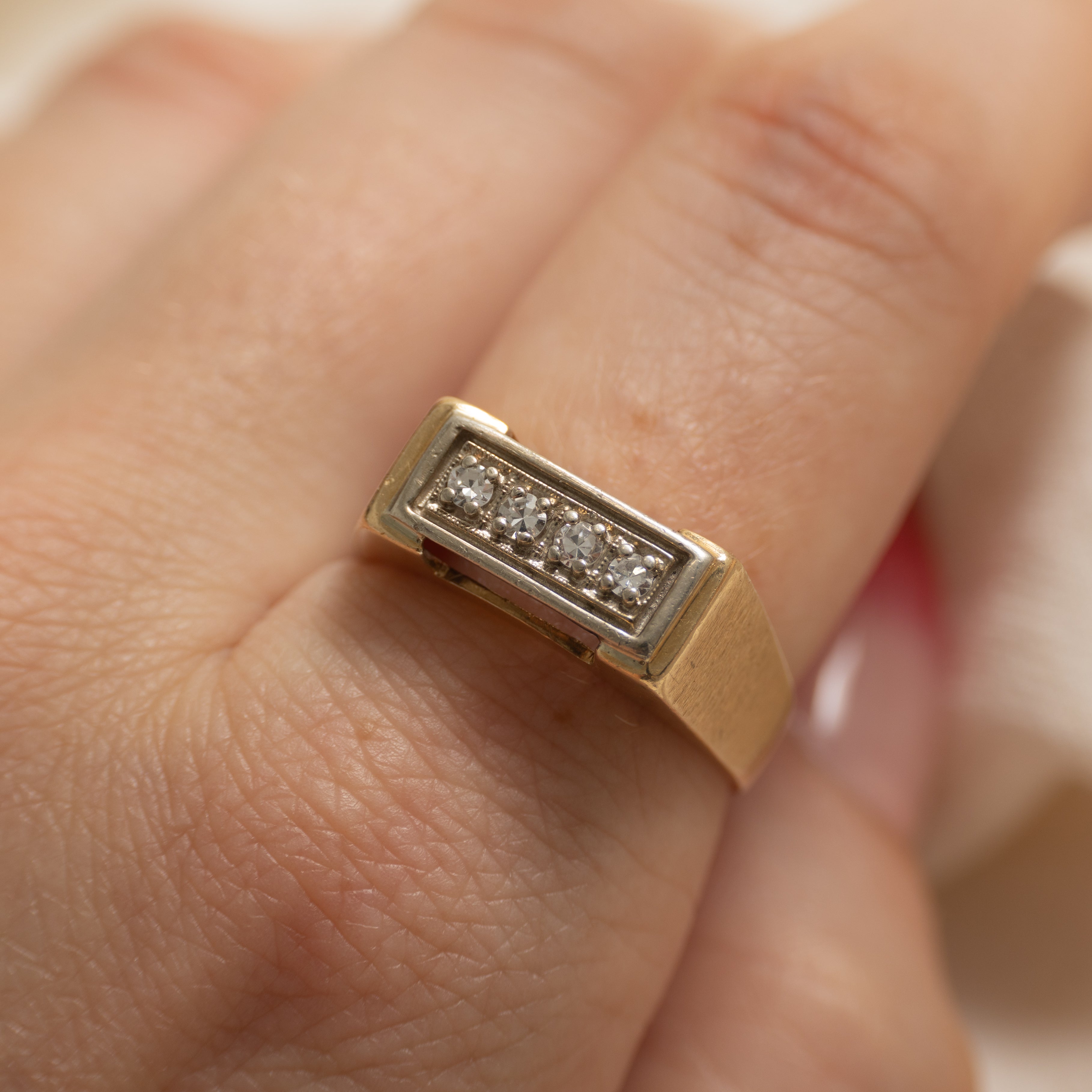 14k Four Stone Diamond Milgrain Signet Ring | SZ 8.5